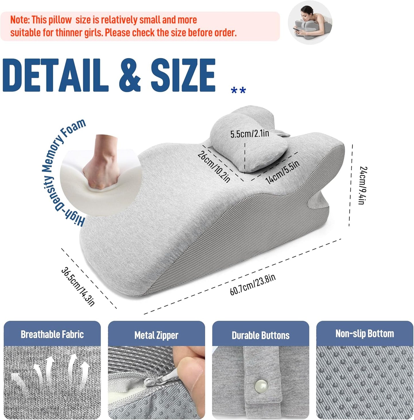 Memory Foam Wedge Reading Pillow for Bed, Adult Ergonomic Back Pillow with Adjustable Headrest, Bed Pillow for Sitting Up, Back Support for Reading, Relaxing, Pain Relief, Removable Washable Cover