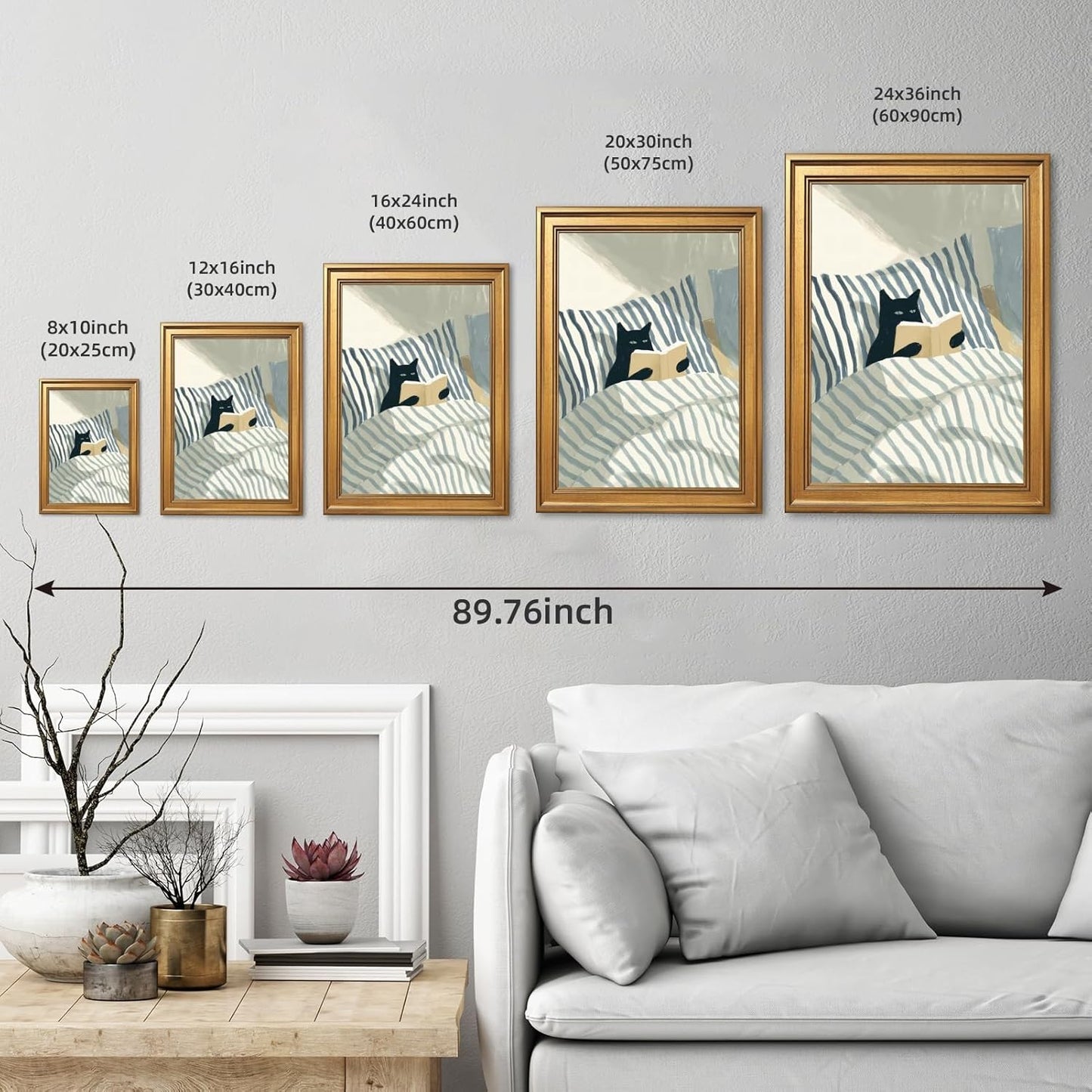 EQUEEN Black Cat Reading Poster Cozy Wall Art Bedroom Wall Decor Book Lover Canvas Print For Bedroom Library Office12x16inch Golden frame