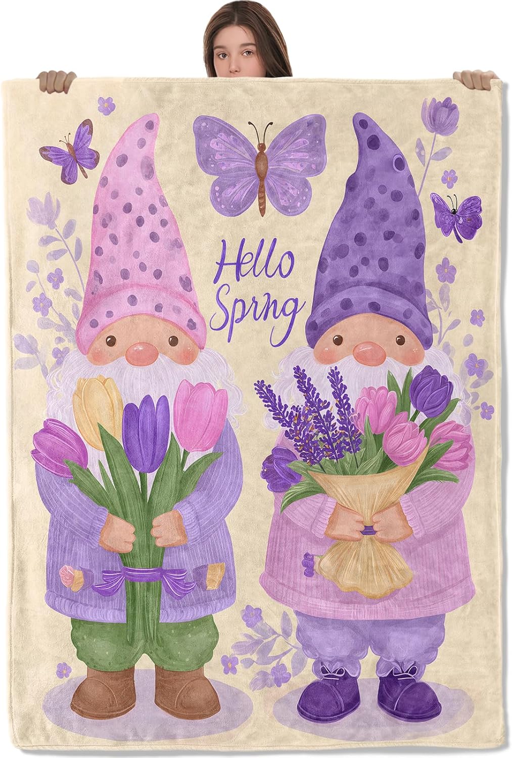 Gnome Lightweight Throw Blanket, Purple Lavender Flower and Butterfly, Warm Soft Cozy Flannel Blankets, Couch Dorm Home Decor All Season Use, 60x50in, Beige, Gifts for Women and Spring Lovers