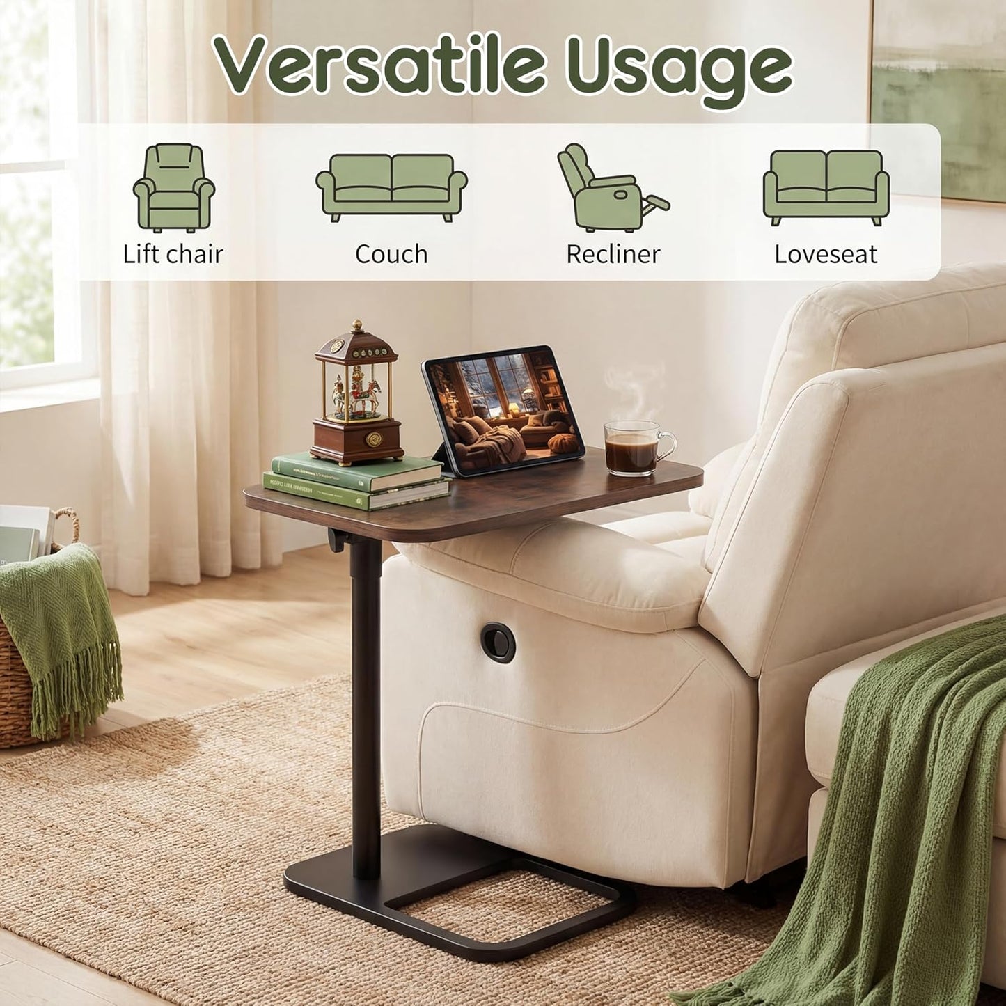 360° Swivel Sofa Tray Table for Couch Arm - Height Adjustable Rotatable End Table for Bed or Chair with Phone & Tablet Slots, TV Tray Table, Side Table Tray for Small Spaces（Rich）