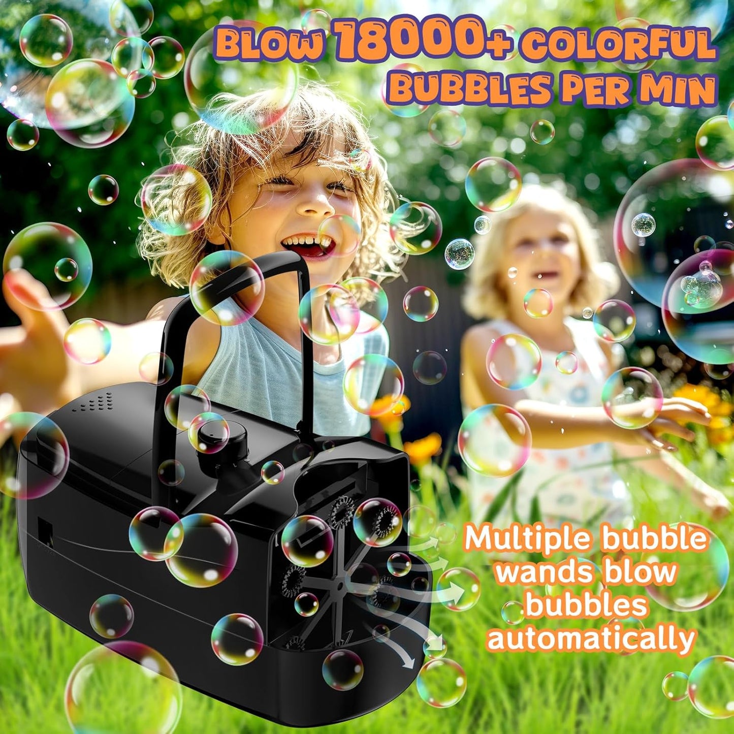 Bubble Machine, Automatic 18000+ Per Minute Big Bubbles Blower Maker for Kids Toddlers with 2 Speeds,6 Wands,Operated by Plugin or Batteries for Outdoor/Indoor Birthday Parties,Wedding (Black)