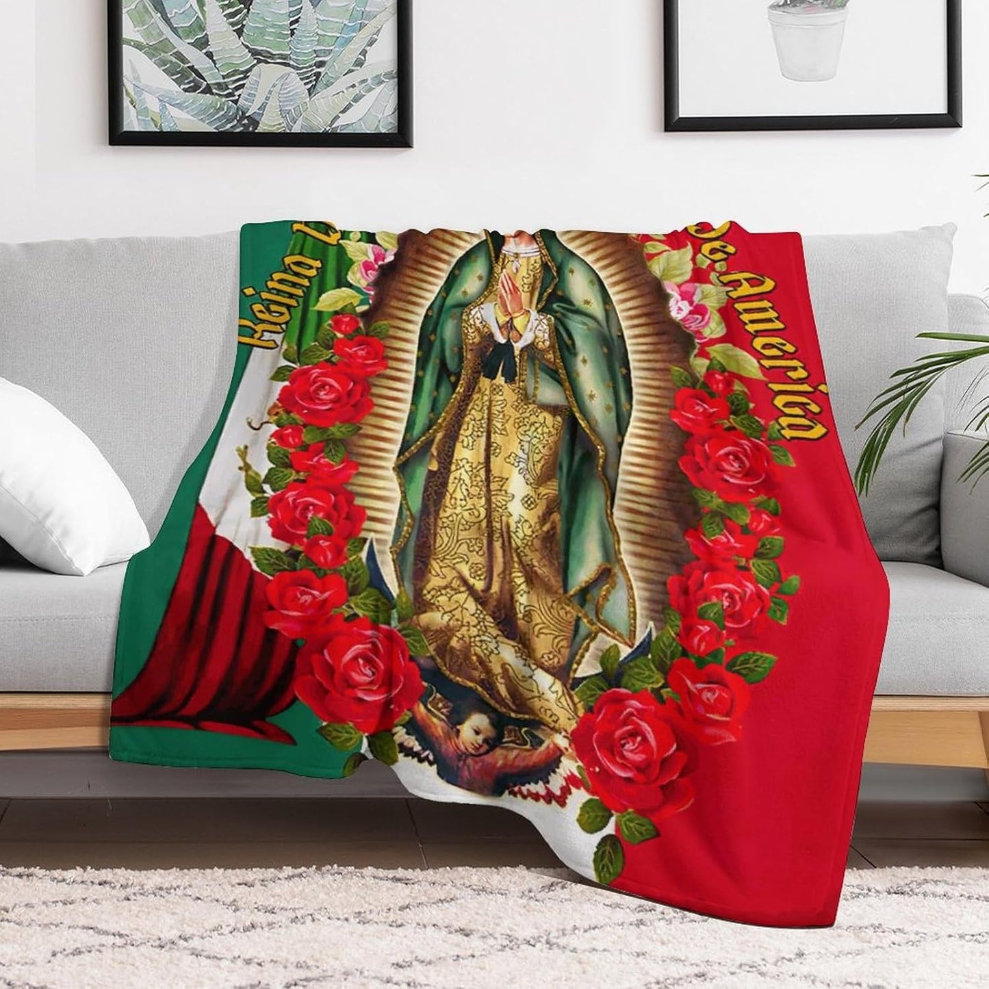 Christmas Throw Blanket for Couch Virgen De Guadalupe Our Lady of Virgin Mary Mexican Flag Elements Lightweight Blankets for Sofa, Bed Cozy Microfiber Blanket 40"x60"