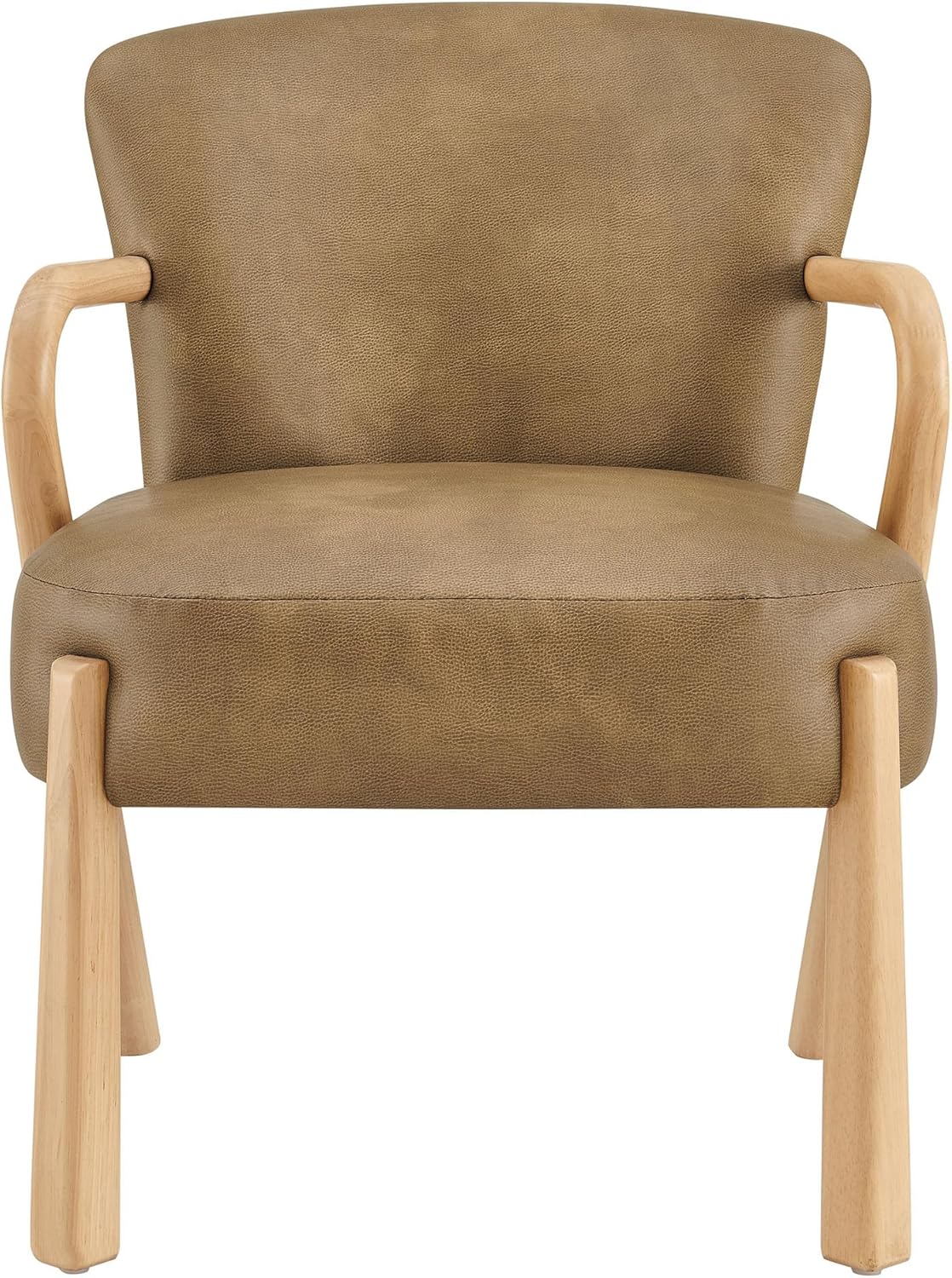 Modway Arden Faux Leather Upholstered Accent Armchair in Toast – Mid-Century Modern Lounge Chair with Curved Wood Frame