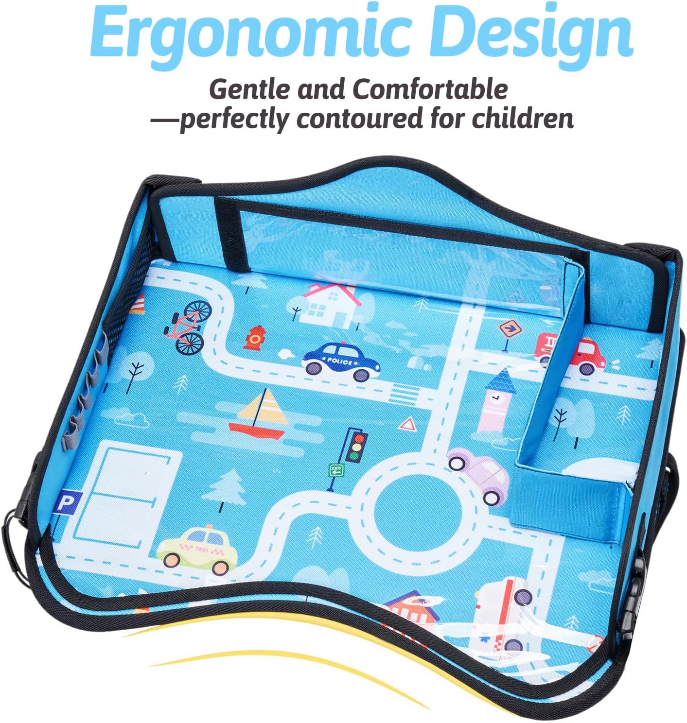 OUOZZZ Kids Travel Tray for Car - Boy's Safety Seat Table, Toddler Road Trip Essentials - Carseat/Airplane Lap Desk with Weight-Relief Strap, Non-Skid Silicone Base, Waterproof Dining/Craft Mat