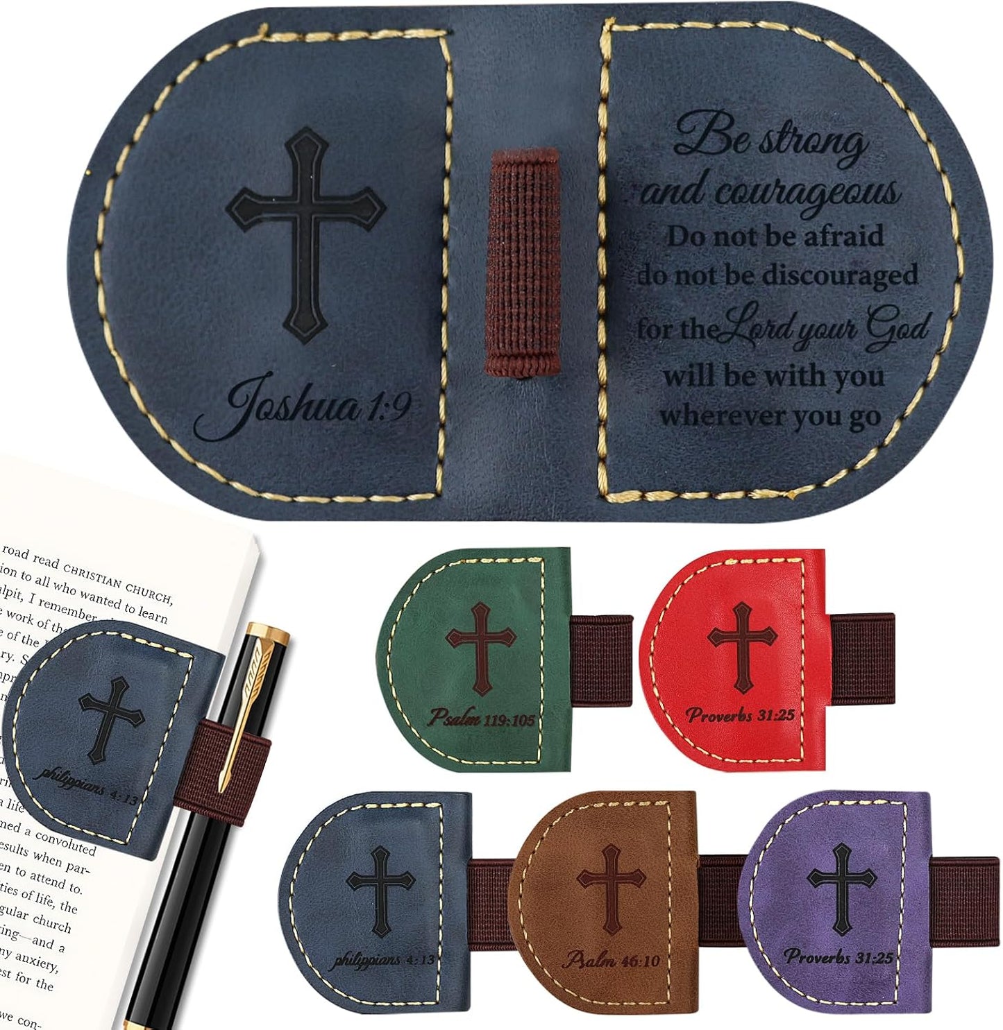 Bygone Mark Magnetic Leather Bookmark with Pen Holder - Bible Verse Design Bygone Mark Leather Bookmark, Inspirational Gifts for Christian Book Lovers Reading(Blue Joshua 1:9)