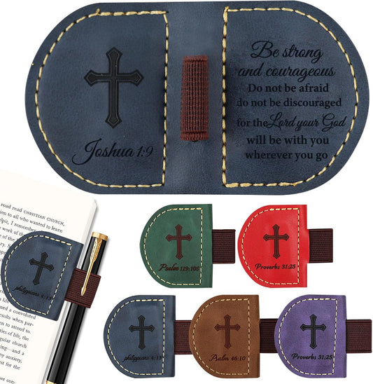 Bygone Mark Magnetic Leather Bookmark with Pen Holder - Bible Verse Design Bygone Mark Leather Bookmark, Inspirational Gifts for Christian Book Lovers Reading(Blue Joshua 1:9)
