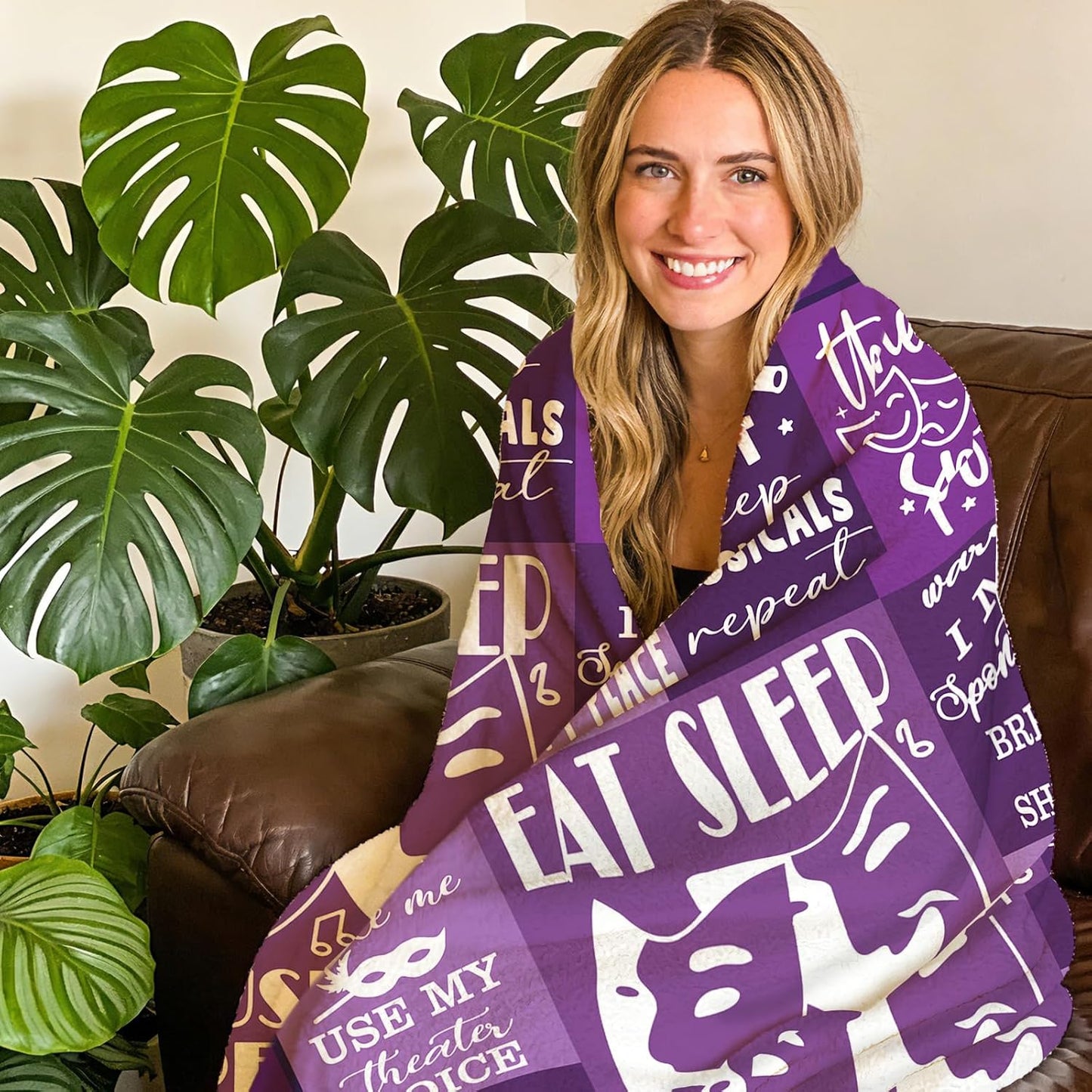 Theater Gifts Flannel Throw Blanket, Musical Present for Broadway Theatre Lover Actor, Birthday Ideas for Women Girl Boy, Eat Sleep Musicals Repeat Purple Blanket 50" x 60"