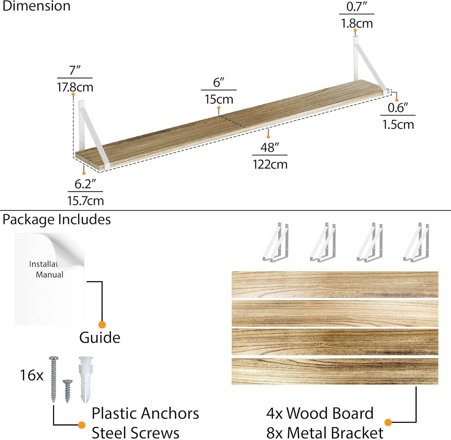 Wallniture Bora Long Floating Shelves, 48" x 6" Wall Mounted Bookshelf for Living Room, Bathroom, Kitchen, and Bedroom, Rustic Wall Shelves, Set of 4, Burnt