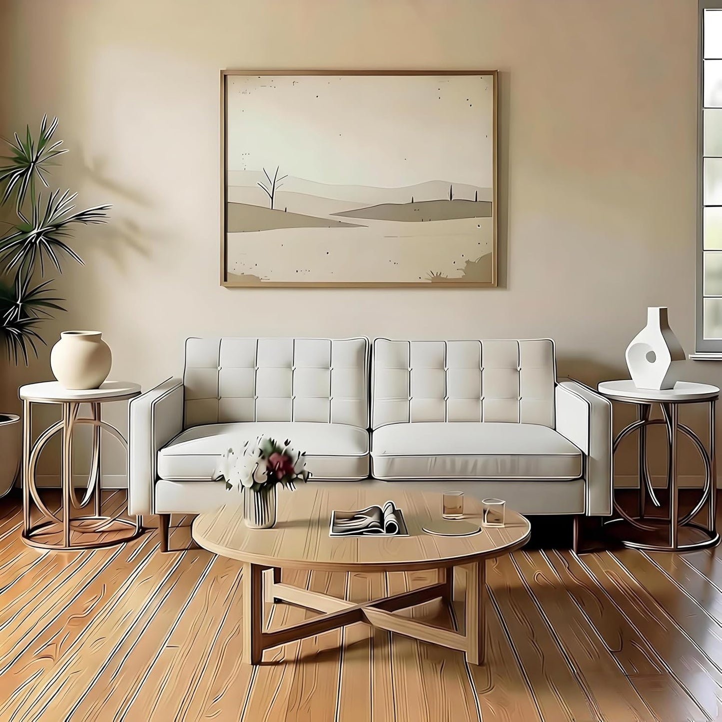 LITTLE TREE 20” Round End Table，Modern Sofa Side Table with Gold O-Shaped Base, Faux Marble White Cocktail Table Accent Table Nightstand for Living Room Bedroom
