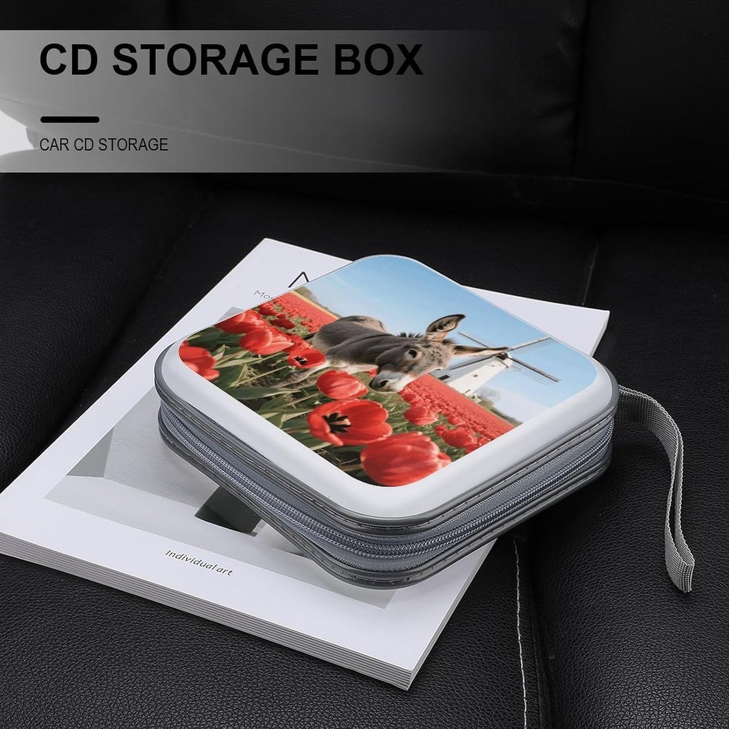 Donkey And Flowers CD Case Portable Zipper CD Case 40 Capacity Hard Plastic DVD Cases Holder Large Storage Disc Wallet Bag for Car Home Travel DVD Collection Bag