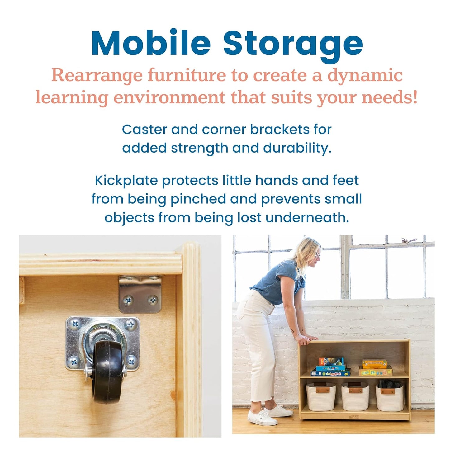 ECR4Kids 2-Shelf Mobile Storage Cabinet, Classroom Furniture, Natural