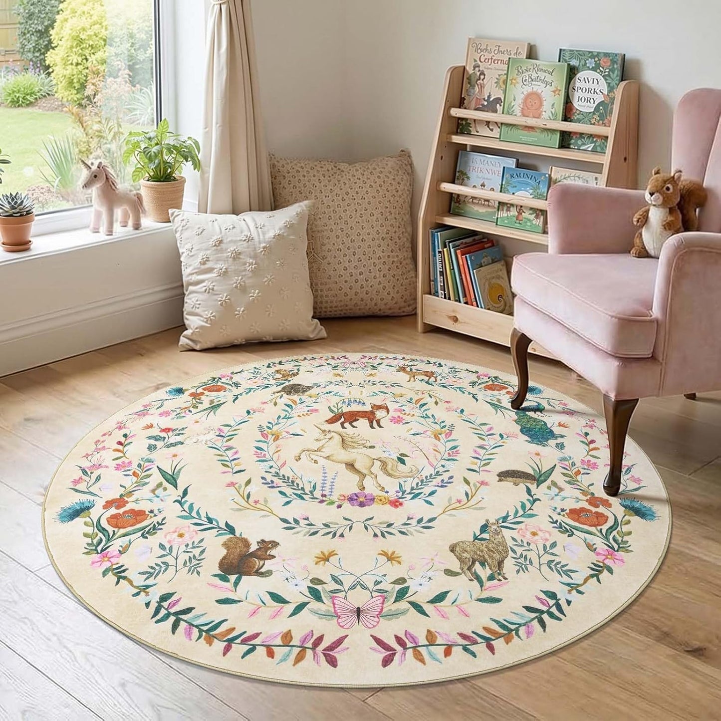 jinchan Round Rug 5ft Kids Room Area Rug Washable Indoor Unicorn Rug Soft Non-Slip Low Pile Fairytale Woodland Animals Floral Carpet for Classroom Nursery Playroom Bedroom Living Room Daylight Cream