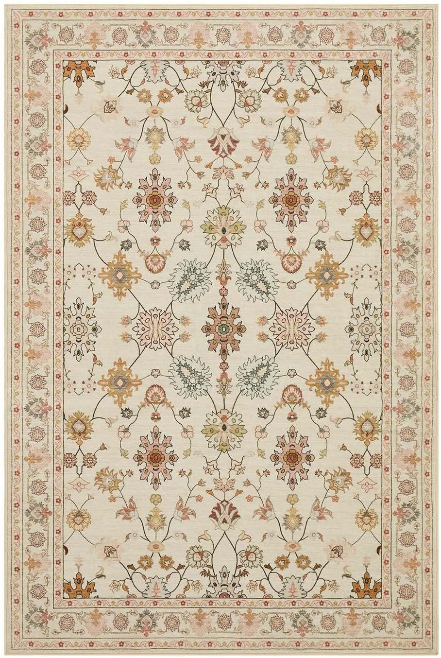 Floral Rug for Living Room Bedroom, 5x7 Washable Rug, Vintage Boho Area Rug, Large Non Slip & Low Pile Wool Carpet for Indoor Dining Room, Girls Room, Nursery Room and Kids Room(Apricot 5x7ft)