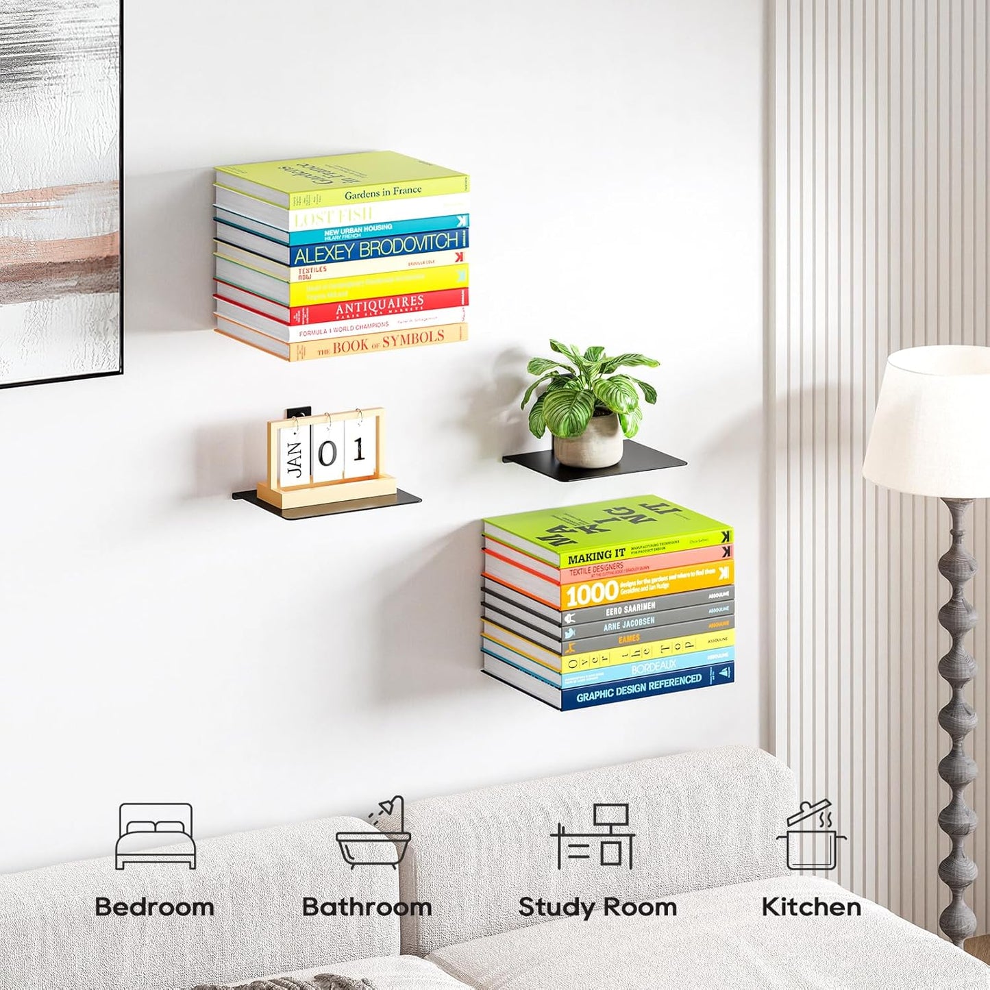 Invisible Bookshelf, Floating Book Shelves for Wall, Heavy Duty Wall Mounted Bookshelf for Storage, Hidden Book Organizer, Vertical Spine Shelf for Home and Office, 4 Pack, Black