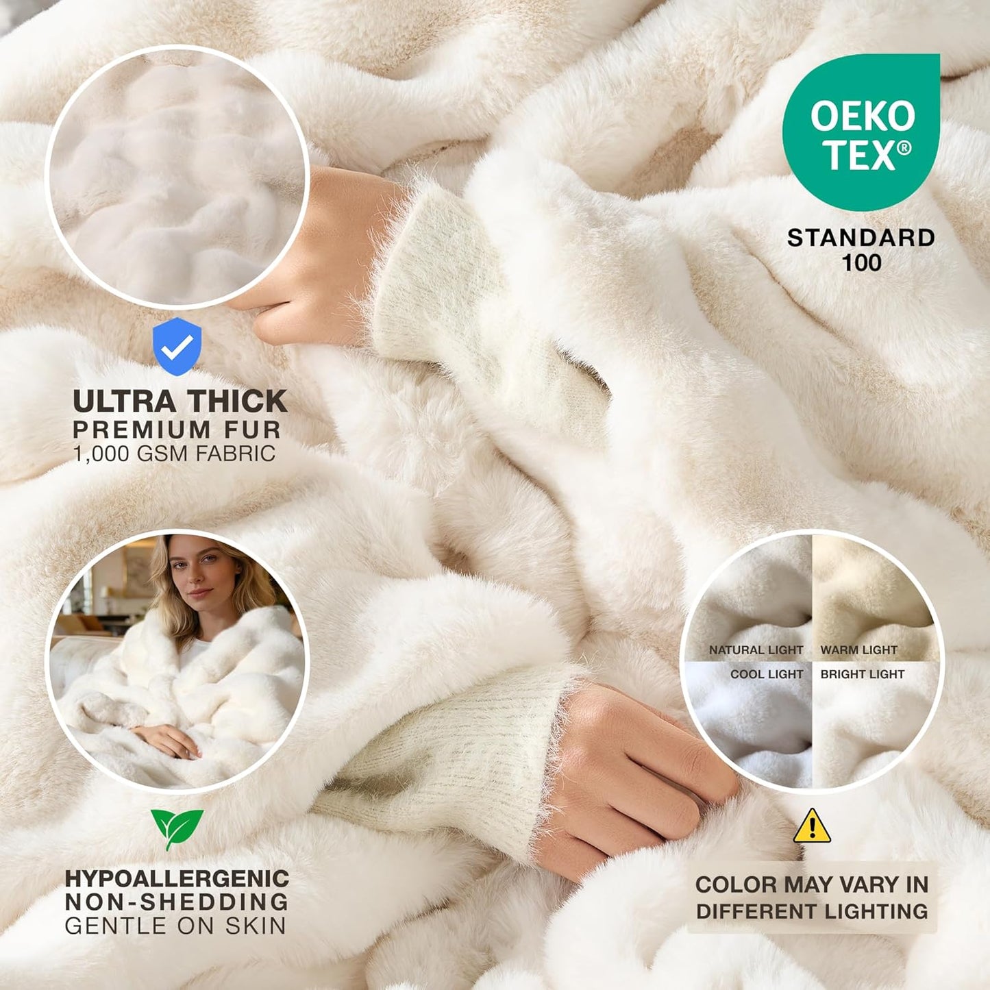 Luxury Ultra Soft Faux Fur Throw Blanket, 50x60 Inches Fluffy Plush Thick Bubble Blanket for Couch and Sofa, Premium Velvet Cozy Lola Fuzzy, 1000 GSM (Cream White)