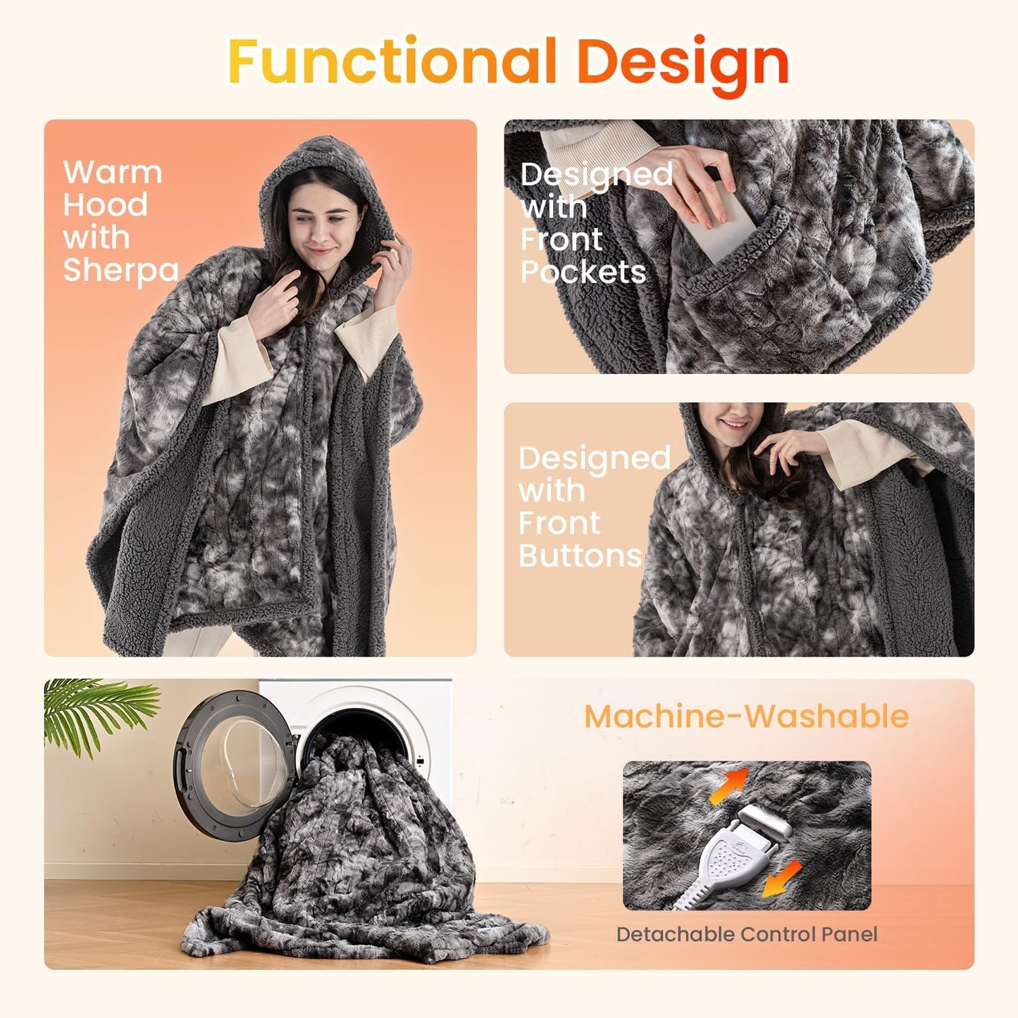 WOOMER Wearable Heated Electric Blanket 50”×60“, Soft Faux Fur & Cozy Sherpa Heated Wrap Poncho with Hood and Pocket, 4 Heat Levels & 4H Auto Off, Gifts for Parents and Friends