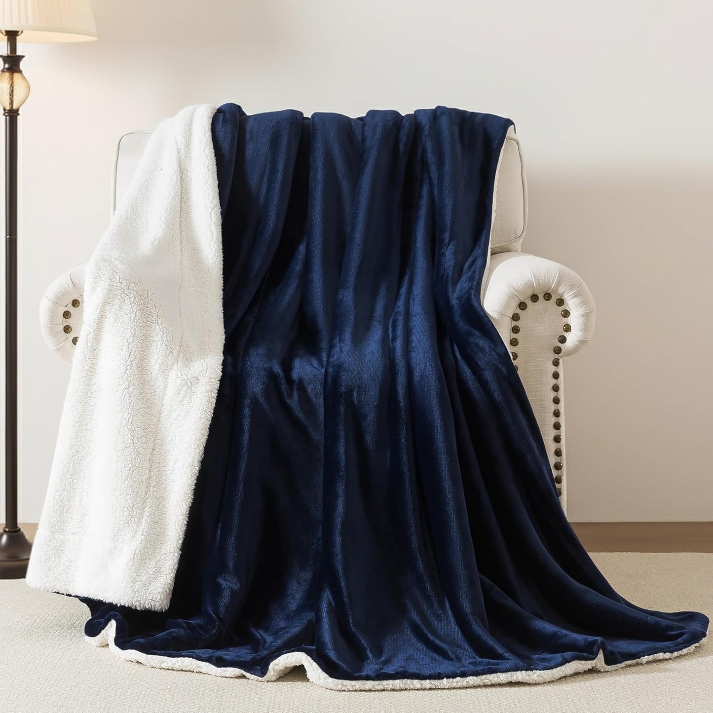 WDCOZY Sherpa Fleece Blankets Fuzzy Thick Warm Throw Blanket Super Soft Reversible Luxurious Fluffy Plush for Sofa Couch Bed Home Decor All Seasons Winter Blankets 50"x60" Navy Blue