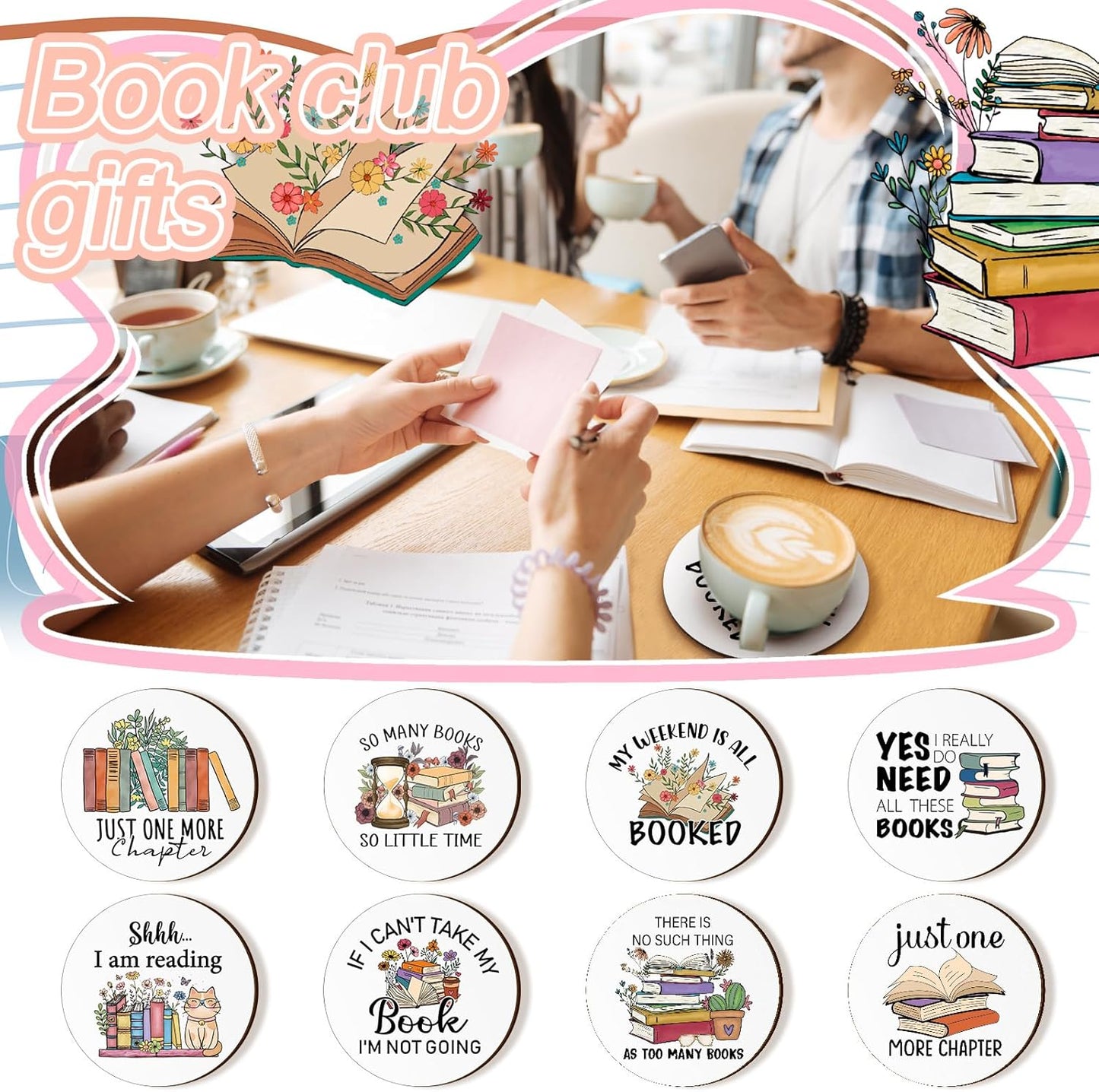 Hushee 8 Pcs Book Lovers Coaster Gifts Wooden Coffee Mug Coaster Favor for Librarian Bookish Merch Bookish Group Library Supplies Decoration Reading Club Favor Book Lovers Gifts(Read)