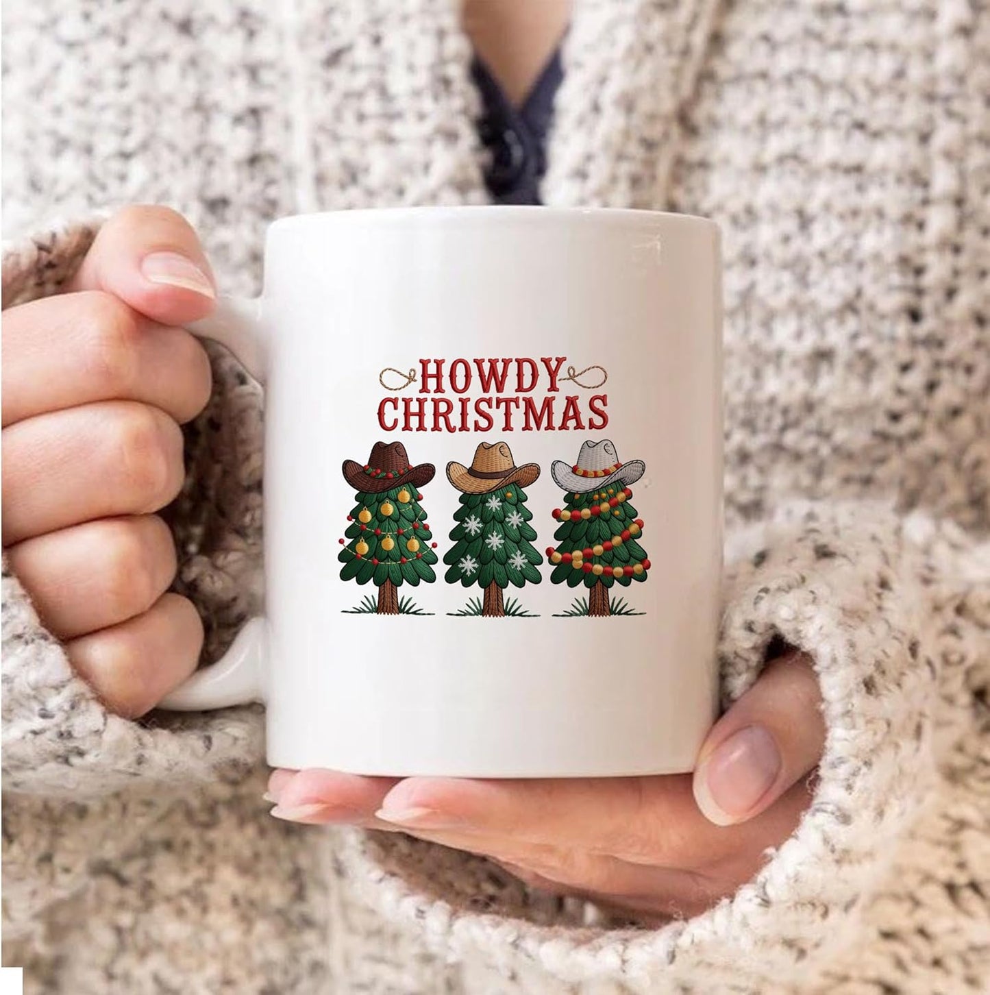 Howdy Christmas Tree Wearing Cowboy Hat Funny White Mugs, 11oz 15oz Drinking Cups, Kitchen Décor, Gifts For Book Lovers