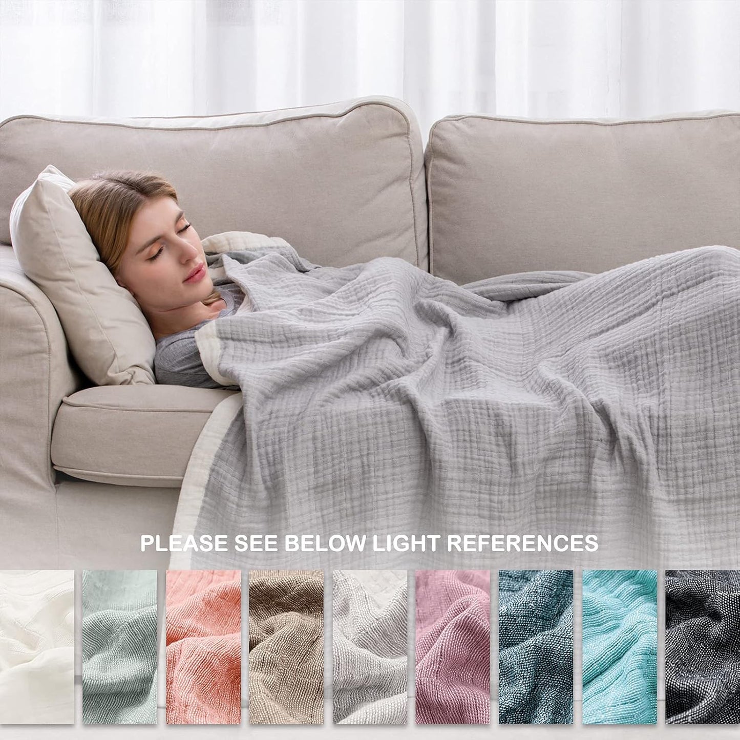 SE SOFTEXLY Cotton Muslin Throw Blanket for Adults,Breathable 4-Layer Yarn Dyed Linen Texture Gauze Blanket for Bed Sofa Couch,Super Soft Light Weight Blanket for All Season（50"x60",Grey）