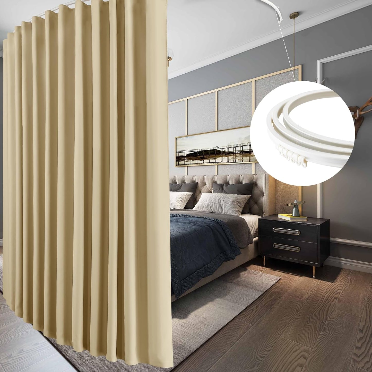RYB HOME Extra Wide Room Divider Curtains with Flexible Silent Track, Blackout Extra Long Curtains with Hooks for Bedroom/Living Room/Basement Ceiling&Wall Mount, Biscotti Beige, W150 x L108, 1 Panel