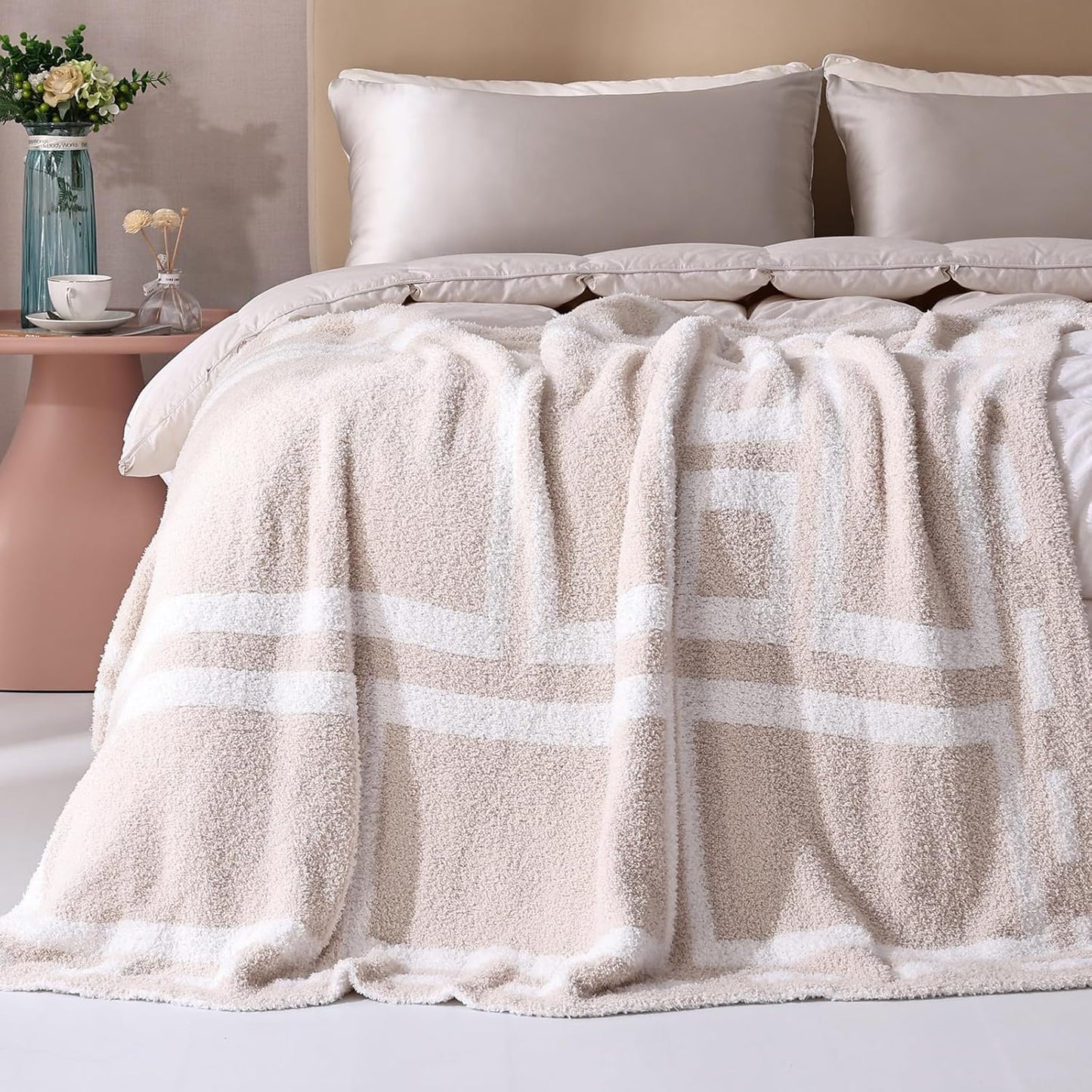 Panku Ultra Soft Cozy Knit Throw Blanket for Couch and Bed, Knitted Luxury Reversible Cozy Warm Fleece Blanket Throw, Plush Fluffy and Fuzzy Geometric Blankets for Gift (50x60 Inches, Beige/Khaki)