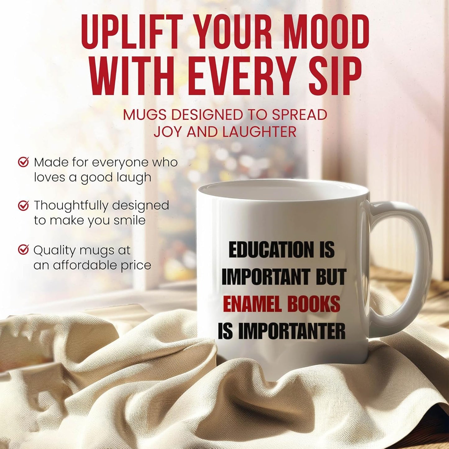Education Is Important But Enamel Books Is Importanter Mug - Lover Coffee Cup - Bibliophile Funny Gift From - Literary Enthusiast Tea Mugs - Reading Cups - 11 Oz Ceramic Gifts For Collectors