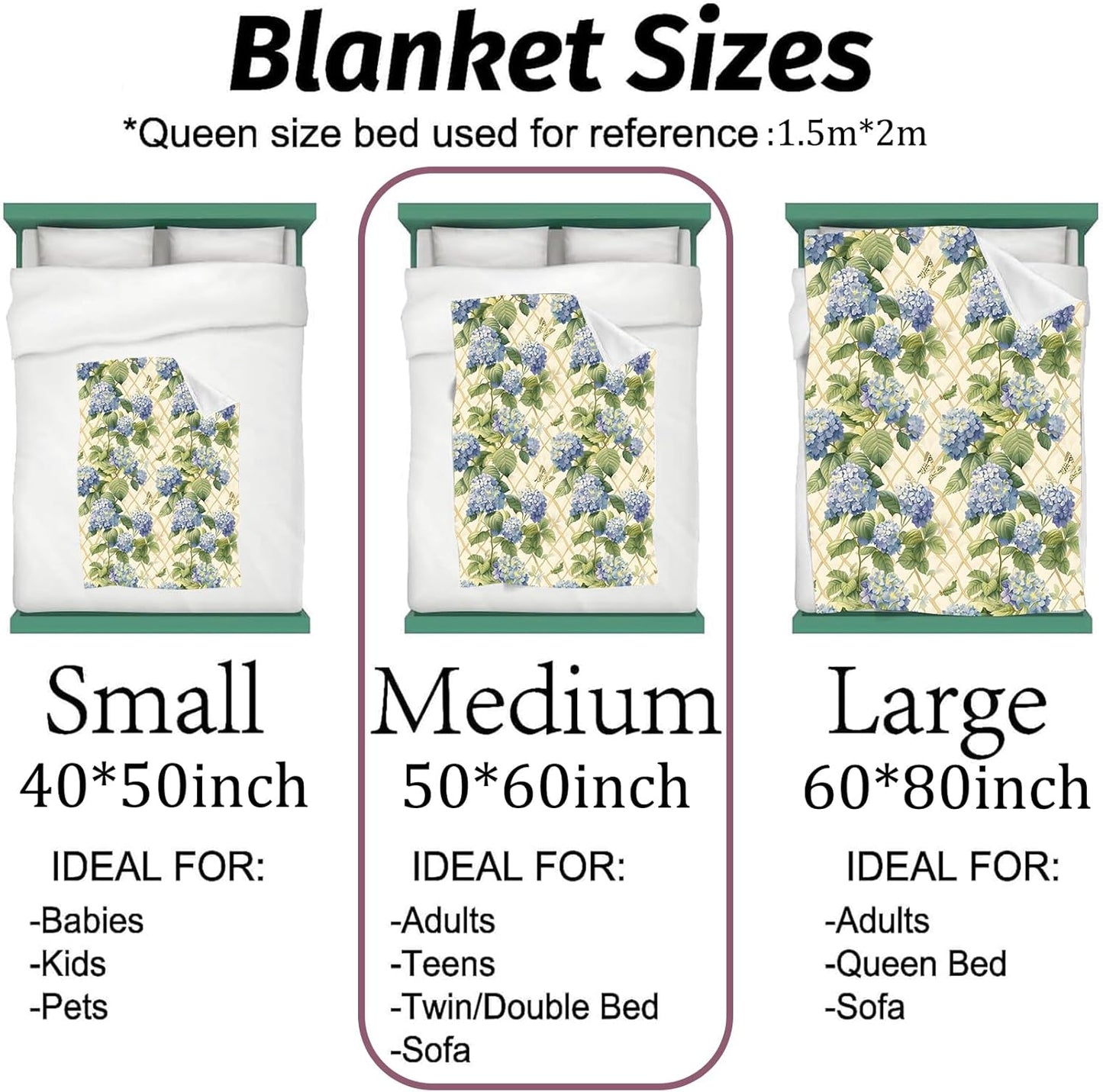 Hydrangea Garden Blanket Lightweight Flannel Blankets Gifts for Adults with Blue Flower Vines Butterfly and Trellis Printed Throw for Couch Chair Office Rv Bedroom Decor, 60x50inch