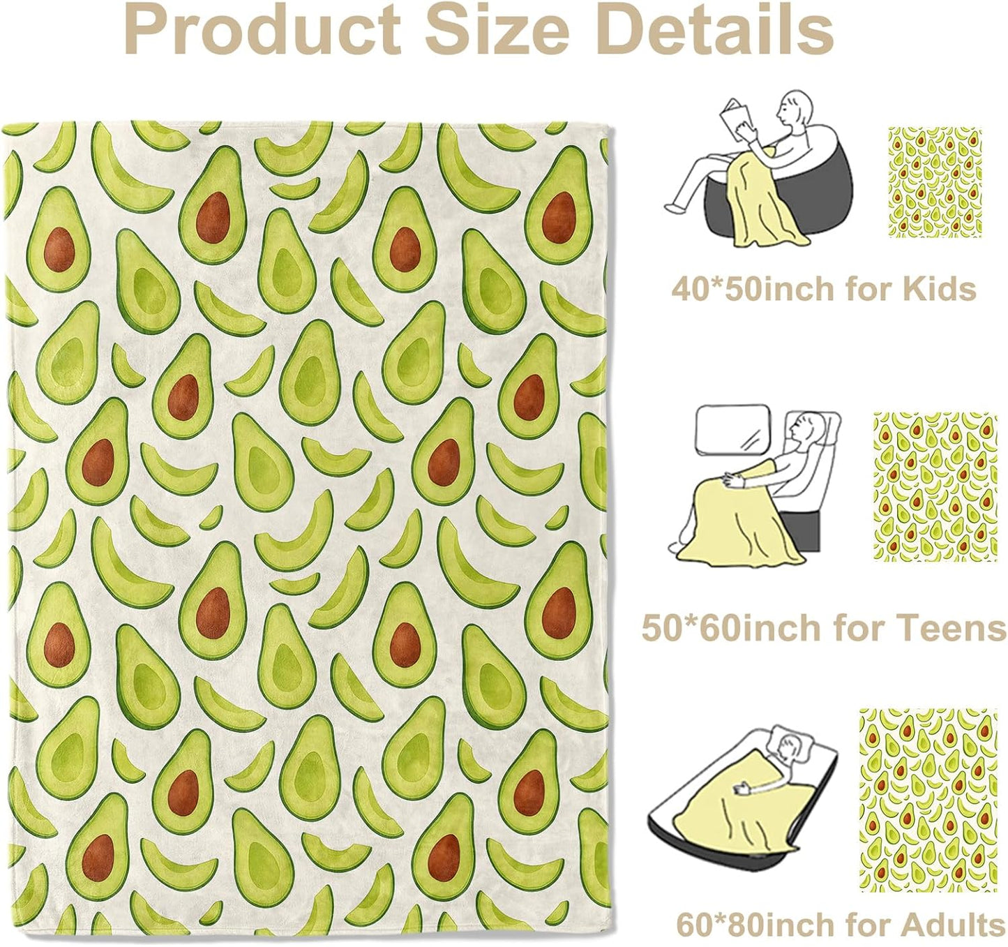 Fun Green Avocado Throw Blanket, Lightweight Warm Fresh Fruit Flannel Blanket, Home Decor and Gifts, Soft Cozy Blankets for Women Men Kids, 50"x60" for Bed Couch Travel Office