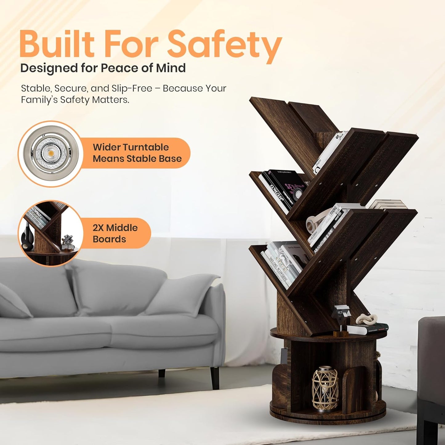 Rotating Bookshelf Tree, 5 Tier Space Saving Narrow Bookcase, Unique 360° Spinning Tower, Premium Wood Corner Book Shelf for Kids or Office, Tall Standing Storage Organizer