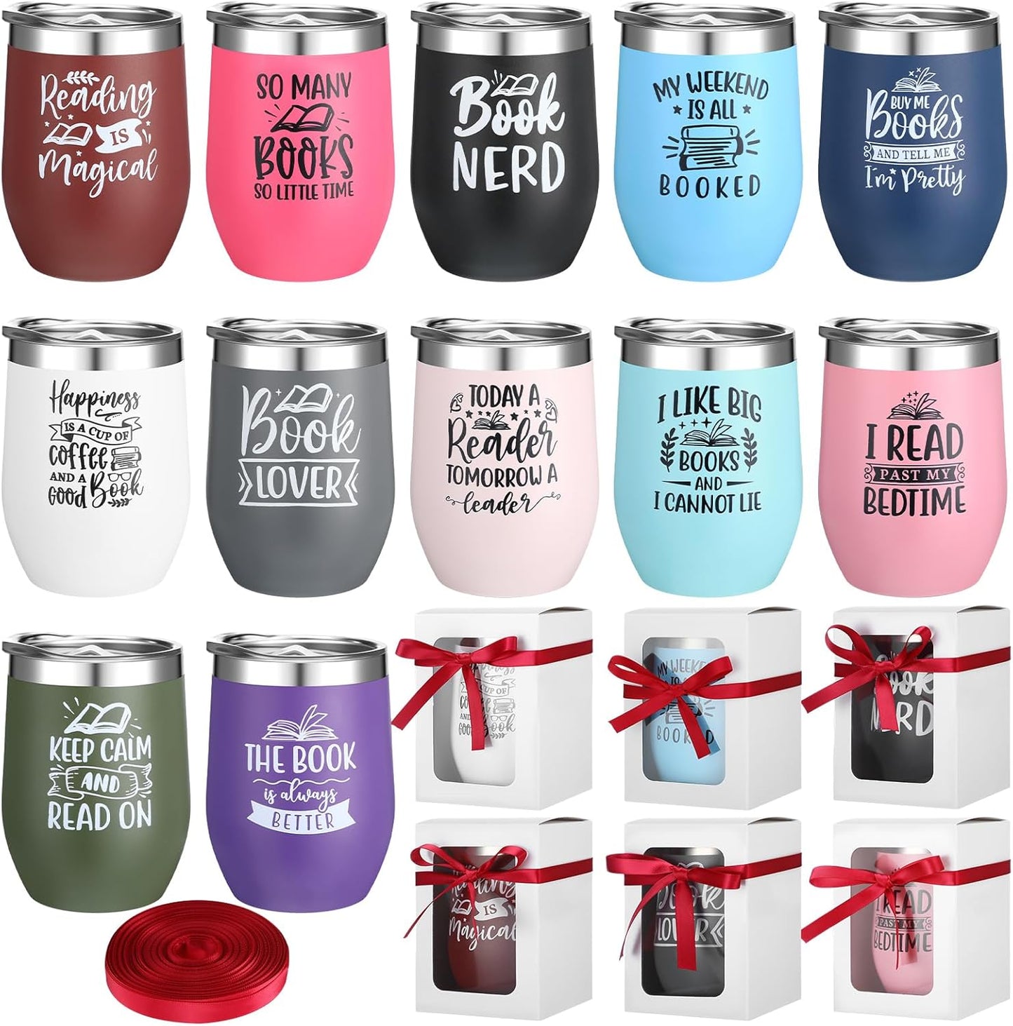 Sieral 12 Pcs Book Club Gift Valentine's Day Gift for Book Lovers Reading Cups Bulk 12 oz Double Wall Vacuum Insulated Literature Bookish Librarian Tumbler Mugs with Lid Translucent Box Red Ribbon