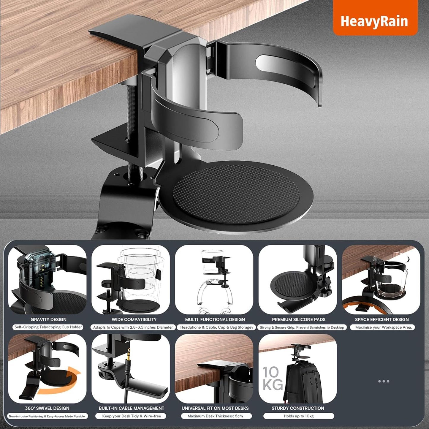 HeavyRain 3-in-1 Desk Cup Holder with Headphone Hook, Anti-Overflow Coffee Mug Holder for Desk, Sturdy Aluminum Clamp-on Cup Holder for Wheelchair, Couch, Office, Gaming Desk Accessories, Black