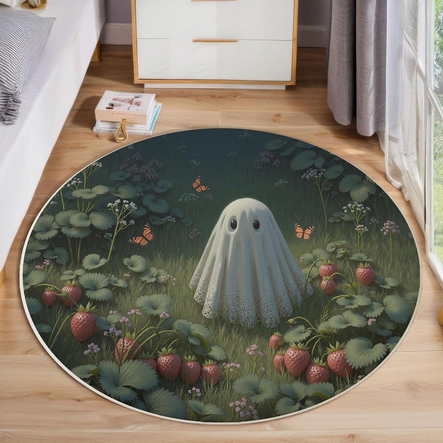 Washable Cute Ghost Strawberry Field Area Rug, 3Ft Round Rugs for Living Room Soft Carpet for Bedroom Dreamy Illustration Indoor Stain Resistant Non-Shedding Floor Carpet, Forest Green, 3Ft-Round