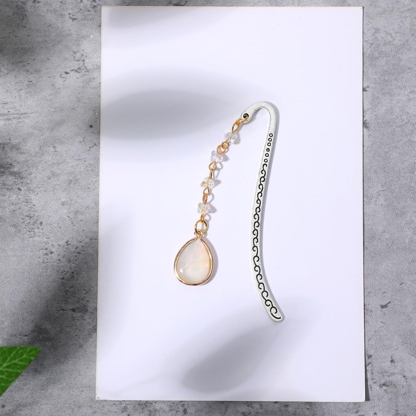 Vintage Metal Bookmark, Bookmark with Pendant, Embossed Bookmarks Elegant Opal Bookmarks with Drop Shell&Clear Quartz Crystal Stones Bead Chain for Women Men Book Lovers Teachers Girls (Silver)