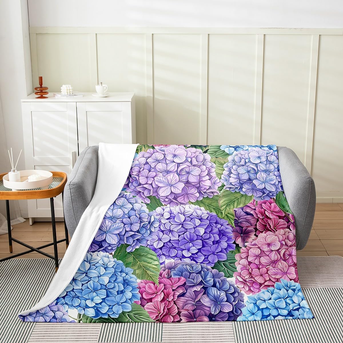Erosebridal Hydrangea Blanket Throw 50x60,Rainbow Groovy Floral Throw Blankets,Watercolor Vintage Flowers Flannel Blanket,Spring Summer Vibrant Blossom Decor,Blue Purple,Lightweight