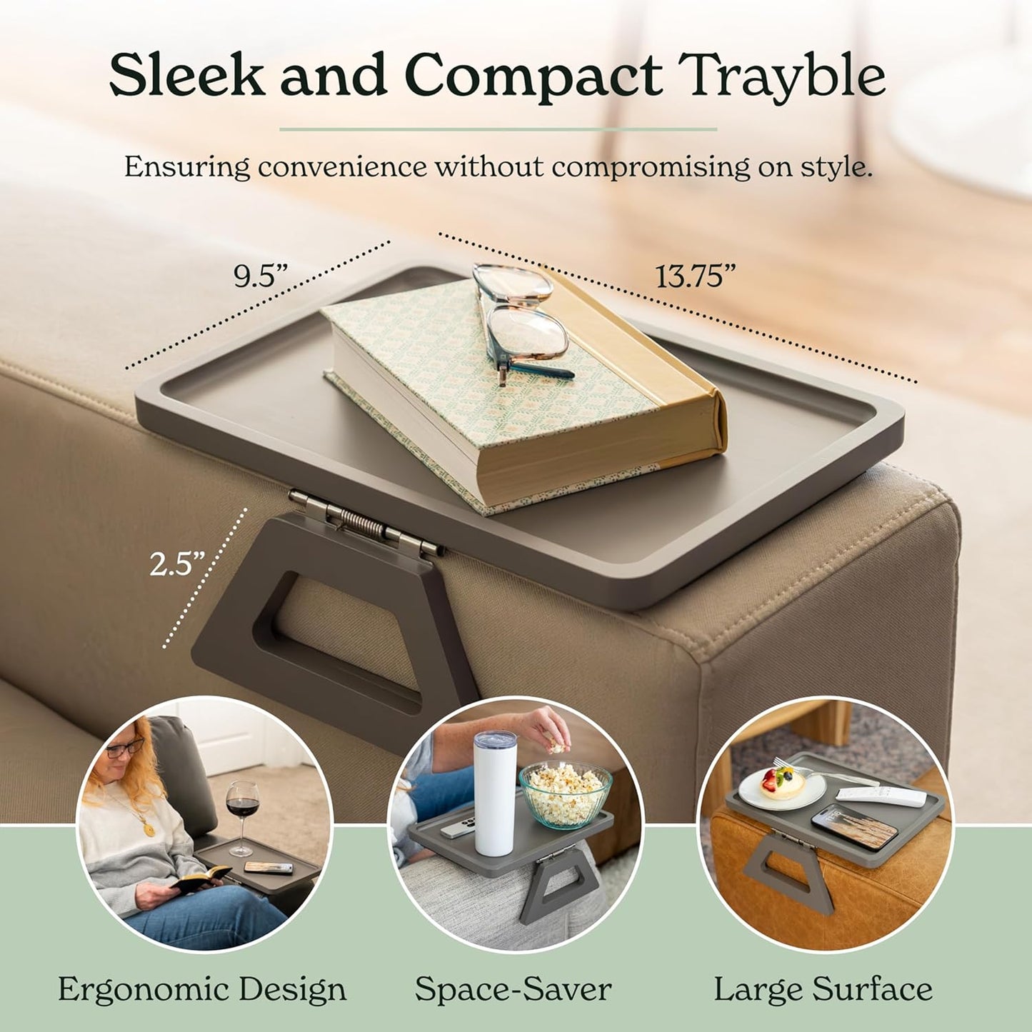 Shamrock Home Bamboo Trayble Couch Arm Table, Clip On Tray Sofa Table for Couches. Sofa Arm Tray, Armchair Table for TV Dinners, Remotes, Drinks and Snacks - 13.75 x 9.5inch, Grey