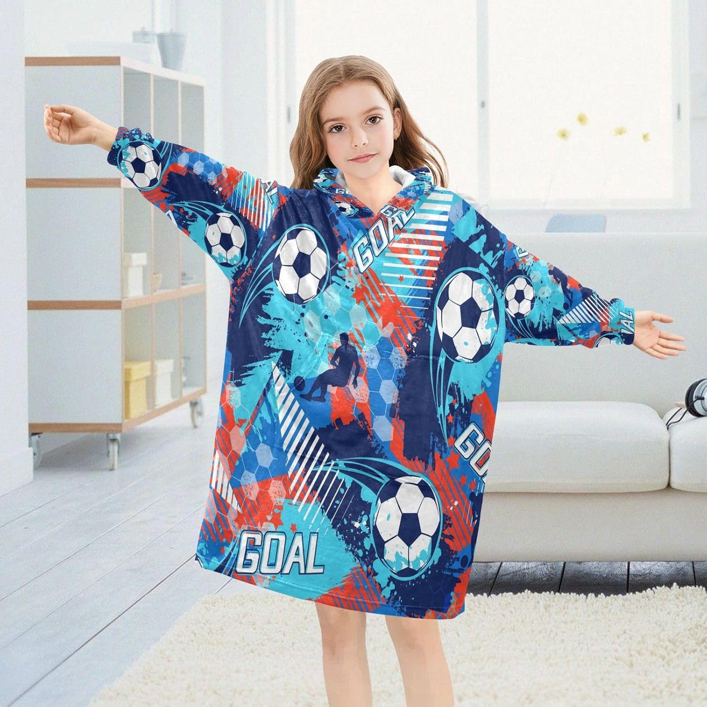 YETTASBIN Soccer Graffiti Wearable Blanket Hoodie for Kids, Oversized Soft Cozy Flannel Sweatshirt Blanket with Pocket