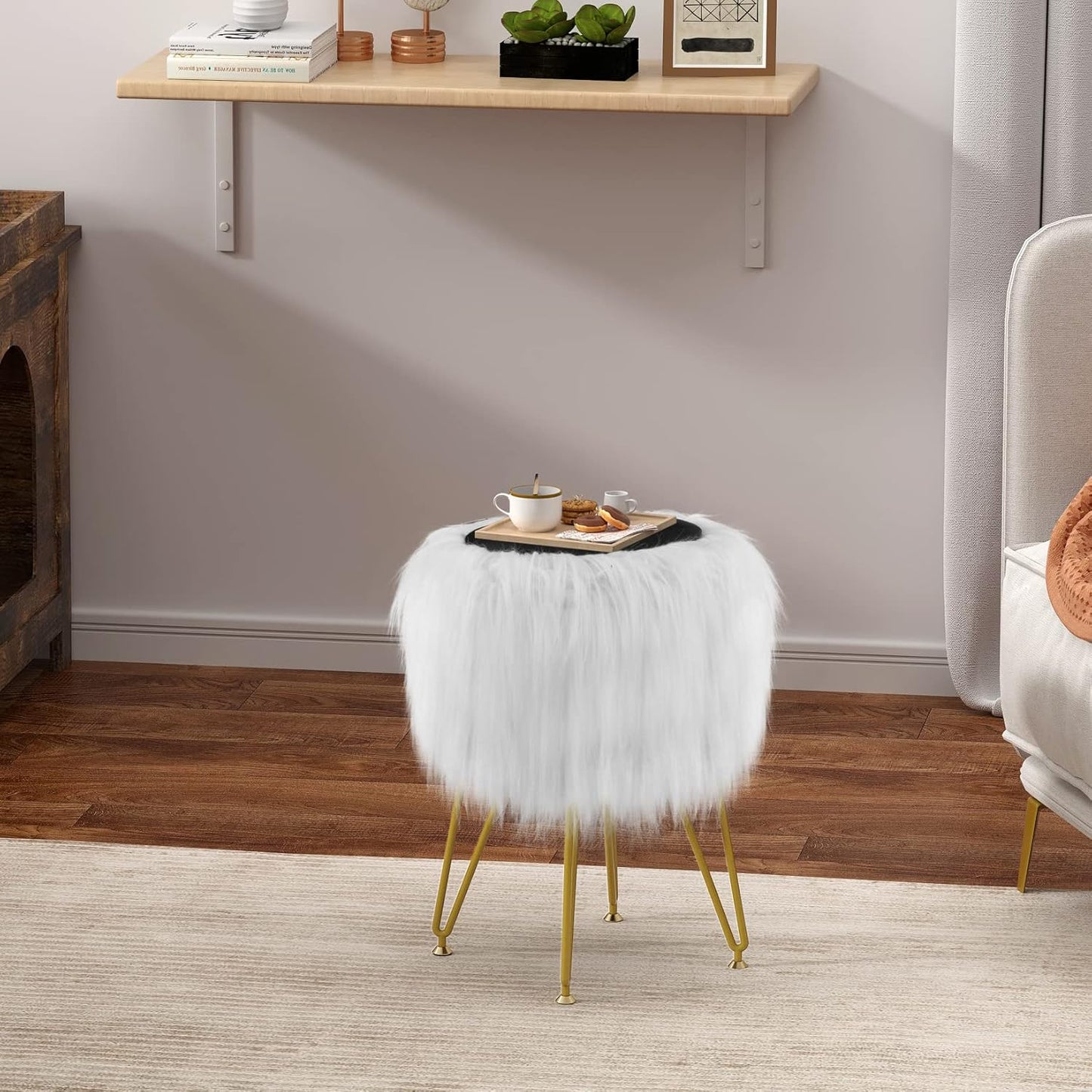 Vanity Stool Chair with Storage, Faux Fur Makeup Room Seat Stool, Soft Padded Seat, Round Footrest Footstools with 4 Metal Legs & Adjustable Footings, Vanity, Bathroom, Bedroom Chairs White