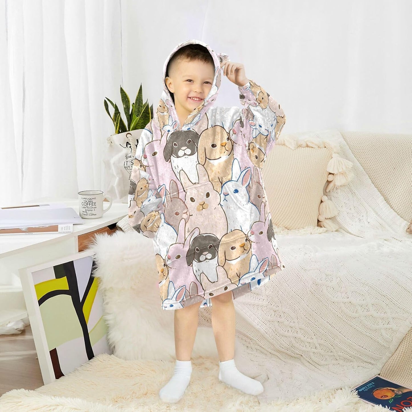 YETTASBIN Pink Bunny Wearable Blanket Hoodie for Kids, Oversized Soft Cozy Flannel Sweatshirt Blanket with Pocket