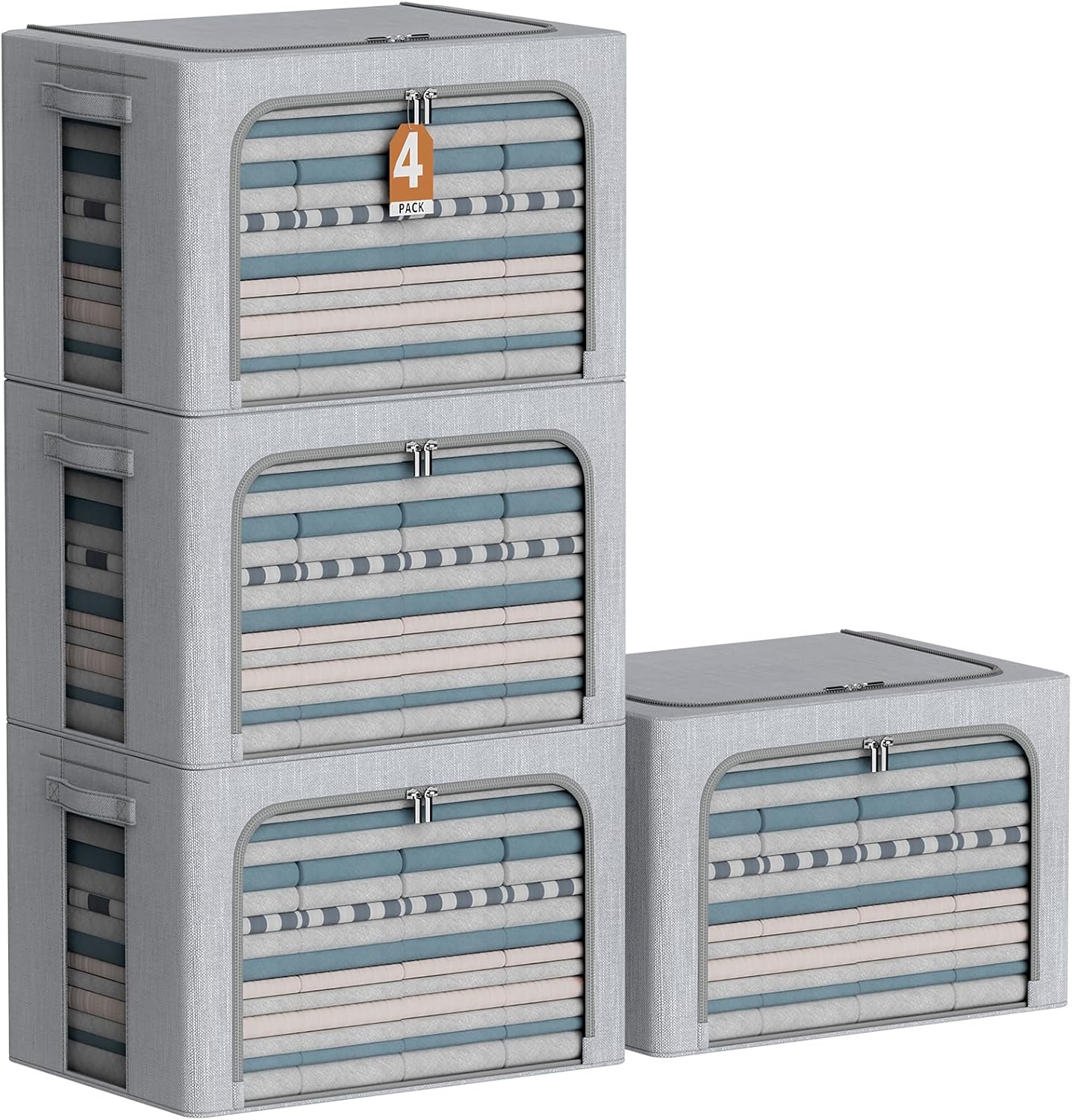 CYhom 4 Pack Clothes Storage Bins with Metal Frame - Linen Fabric Foldable Stackable Container Organizer Set with Clear Window & Carry Handles & Zippers (Light Grey, 23.6"x16.5"x15.7")