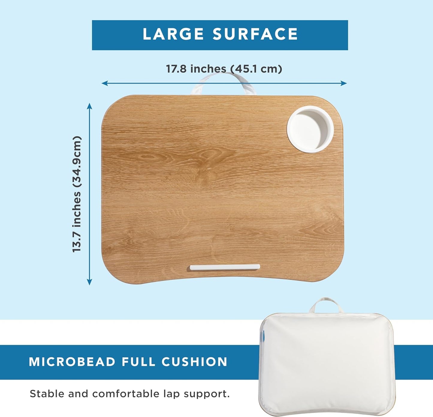LAPGEAR Cup Holder Lap Desk with Device Ledge - White Oak Woodgrain - Fits up to 14 Inch Laptops - Style No. 46329