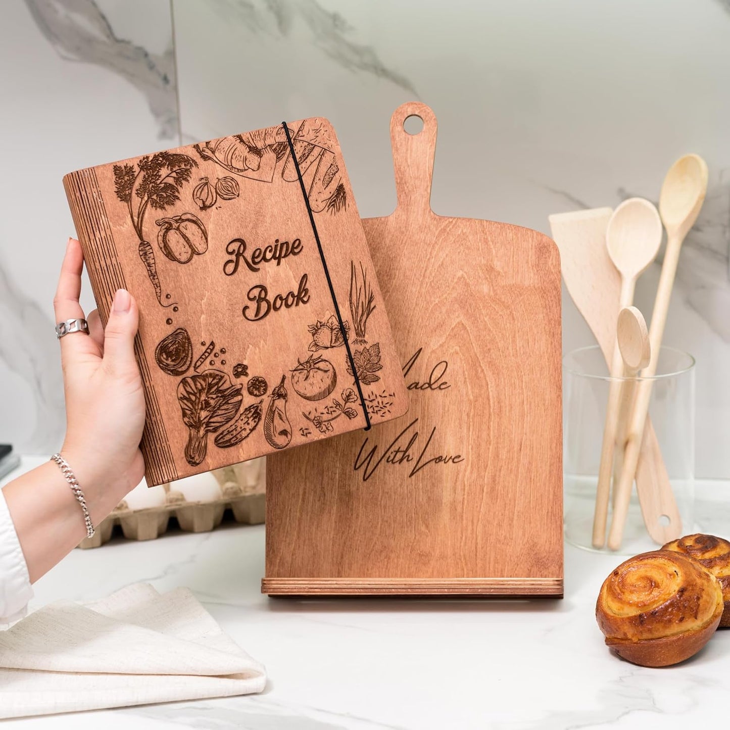Enjoy The Wood Cookbook Stand for Kitchen Counter - Personalized Wooden Recipe Book Holder - Custom Mother's Day Gifts Birthday Christmas Gift for Her or Him - Additions for Recipe Book