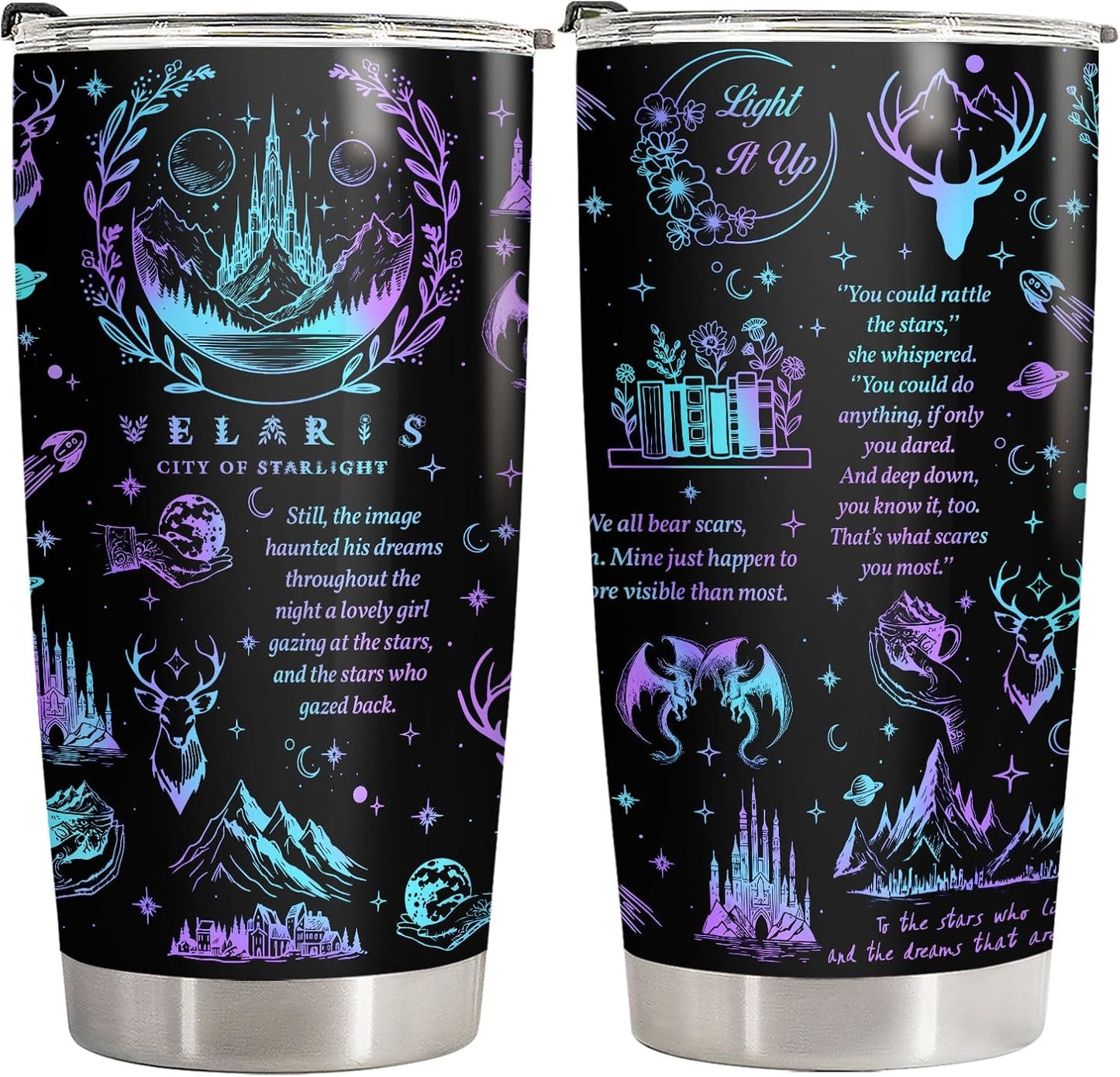 34HD Galaxy City of Starlight Tumbler 20oz Stainless Steel Insulated - Fantasy Book Lover Gift for Readers - Double Wall Vacuum Travel Mug Black Deer Castle