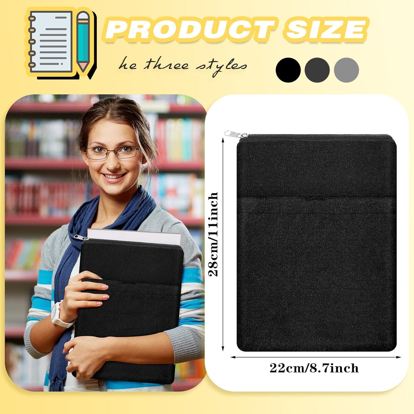Roowest 3 Pcs Book Protector Sleeve with Zipper Covers Protector Bag Pouch for Book Lovers Bookish Holiday Festival Gifts Canvas Paperback Cover Washable Pouch Pocket 11 x 8.7 Inch(Black)