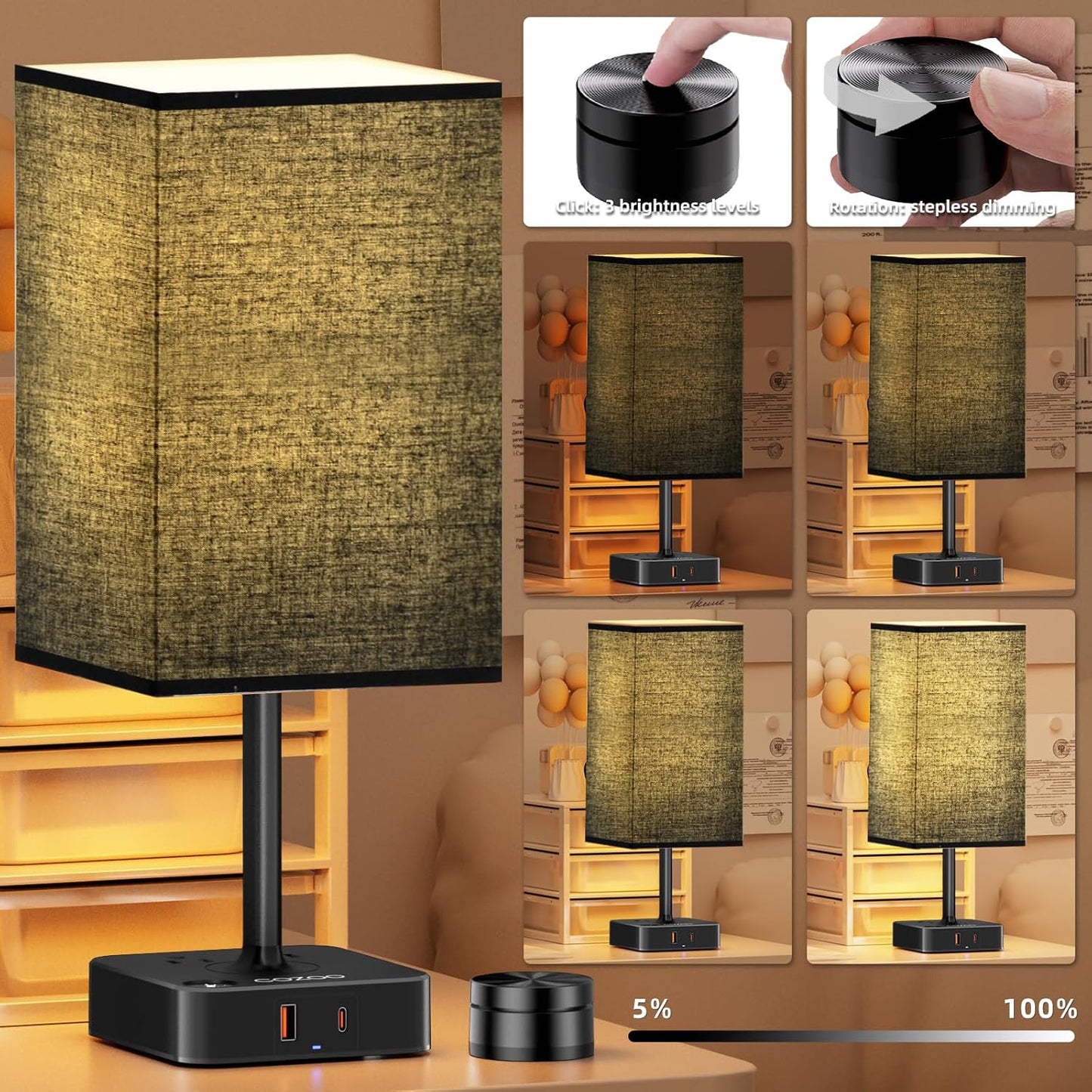 Table Lamp with Remote Operation Control for Bedroom,Dimmable Bedside Table Desk Light with USB C+A Charging Ports 2 AC Outlets,Nightstand Lamp White Shade Lamp for Living Room,Dorm,Home Office,Decor