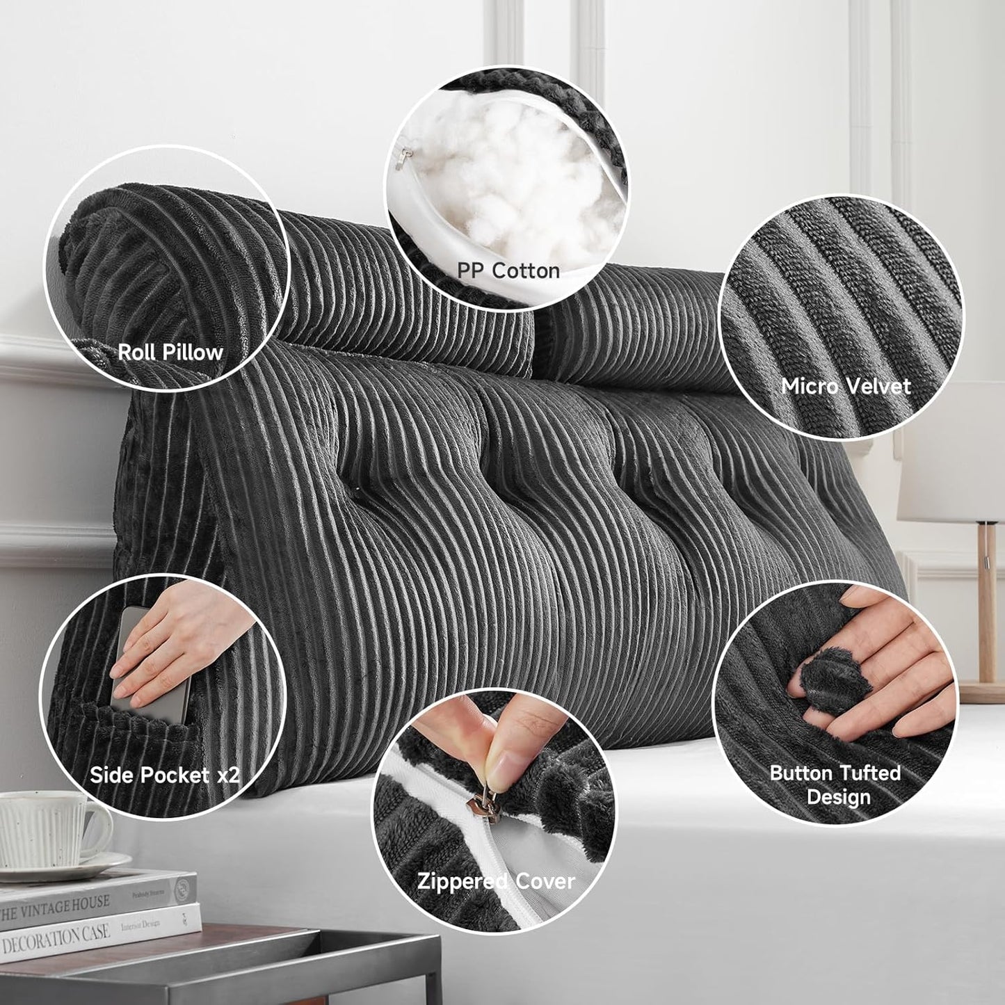 Wedge Headboard Backrest Pillow — Twin, Ultra Soft, Triangle with Roll Pillow, Grey