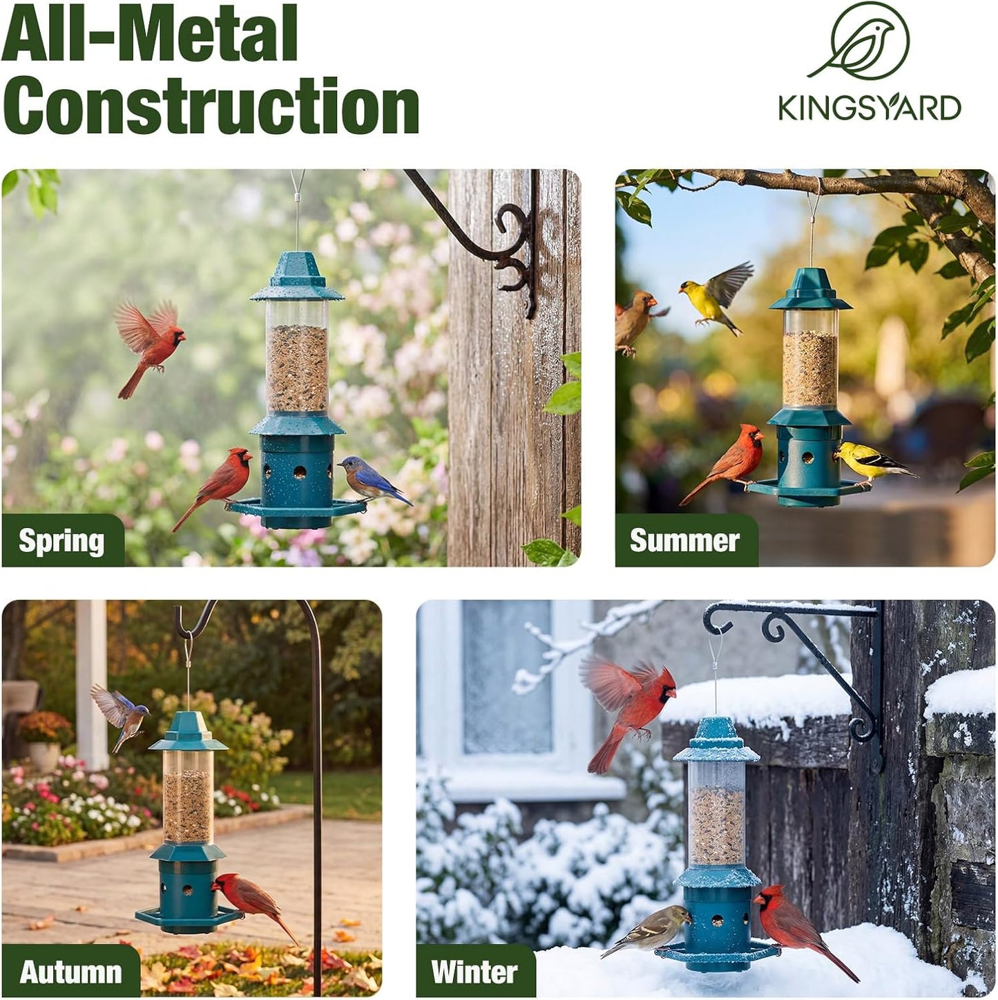 Kingsyard Squirrel-Proof Bird Feeder with Adjustable Weight-Activated Perch, Wild Bird Feeders for Outdoors Hanging, Weatherproof & 4 lb Large Seed Capacity, Dark Green
