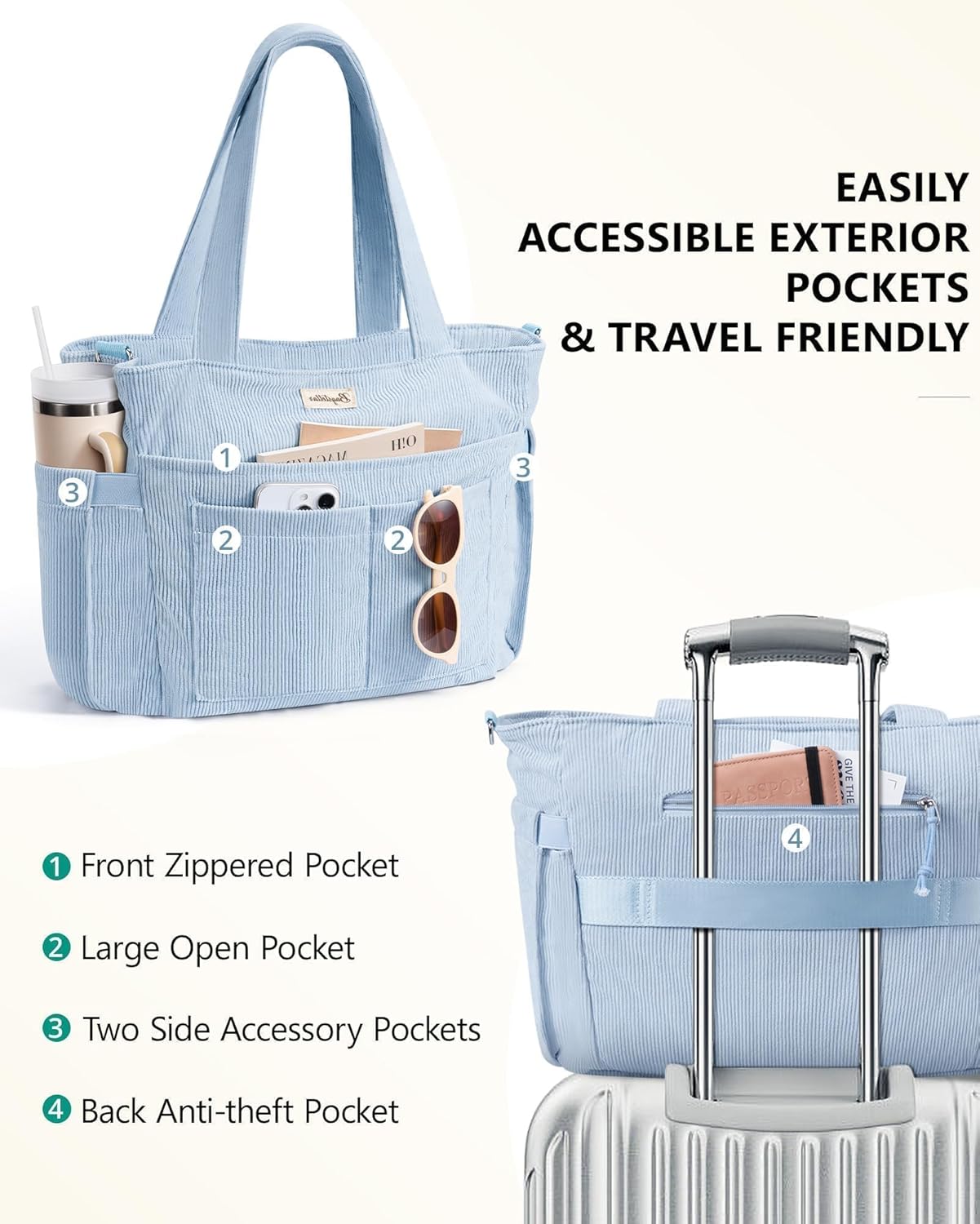 Corduroy Tote Bag for Women, 17 Pockets Laptop Work Tote Bag Lightweight Teacher Nurse Bible Bag for School Travel | with 40oz Cup Holder, Multi Compartment, Zipper Crossbody Bag, College Shoulder Bag, Daily Purse w/ Strap, Ideal Gift for Women