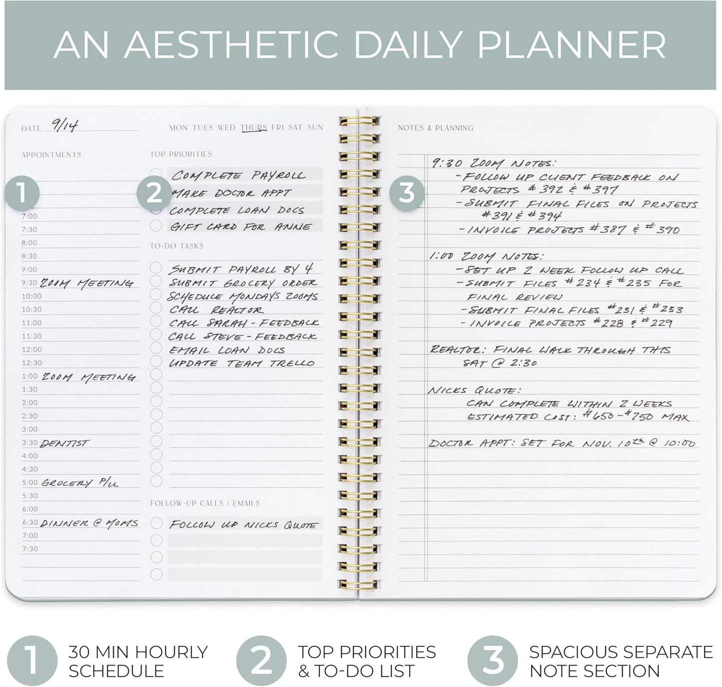 Beautiful Daily Planner And Notebook With Hourly Schedule - Aesthetic Spiral To do List Notepad to Easily Organize Your Tasks And Appointments - Stylish Book And School Or Office Supplies