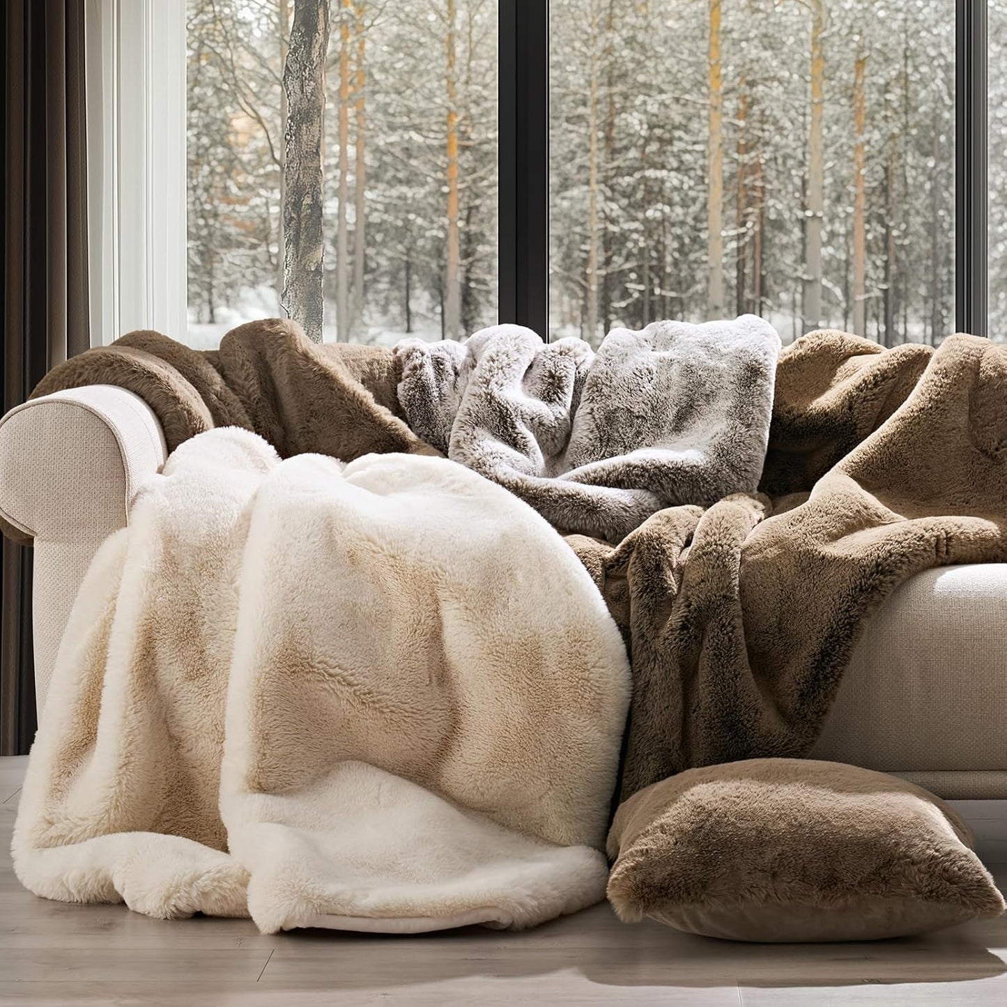 EVERGRACEHOME Luxury Soft Faux Chinchilla Fur Throw Blanket for Couch, Warm Thick Heavy Winter Throw Blanket 1220GSM for Bed, Fluffy Cozy Mink Blanket with Reversible Velvet, Arctic White, 50"x60"